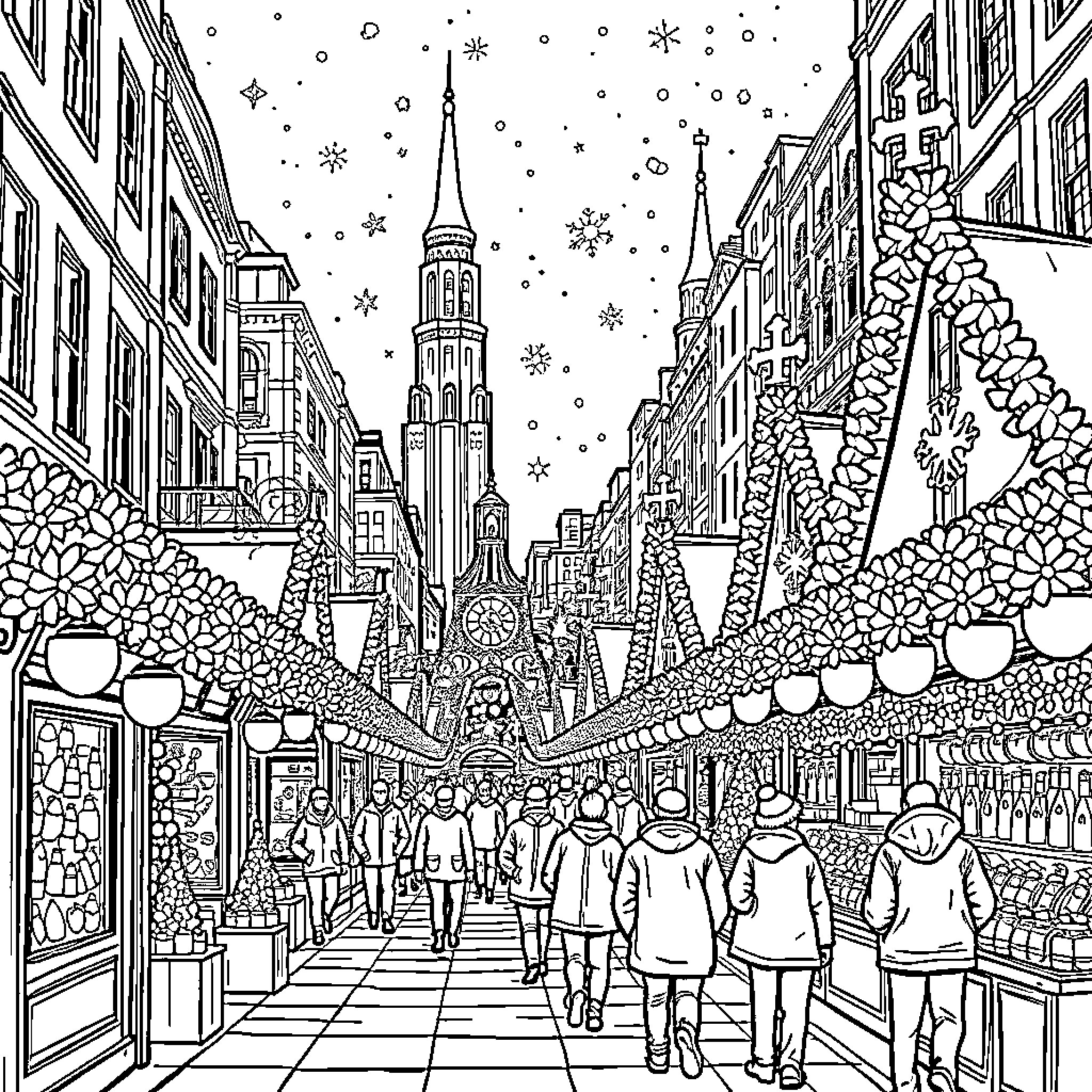 City bustling with people during the winter holidays Coloring Page (free black-and-white line drawing printable PDF for all, from beginners to advanced learners, including children, teens, adults, and seniors)