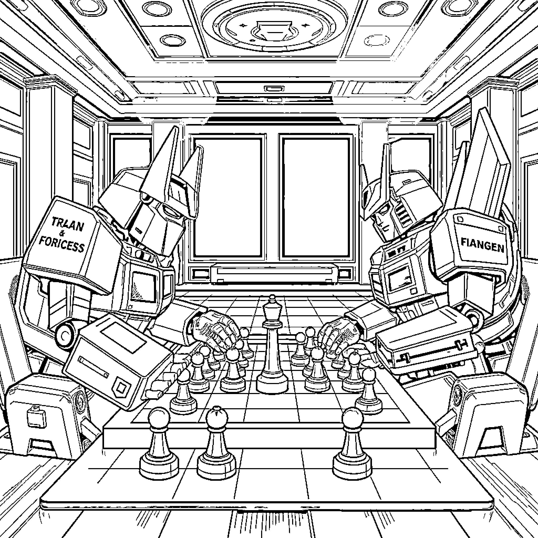 Transformer chess match in futuristic control room Coloring Page (free black-and-white line drawing printable PDF for all, from beginners to advanced learners, including children, teens, adults, and seniors)