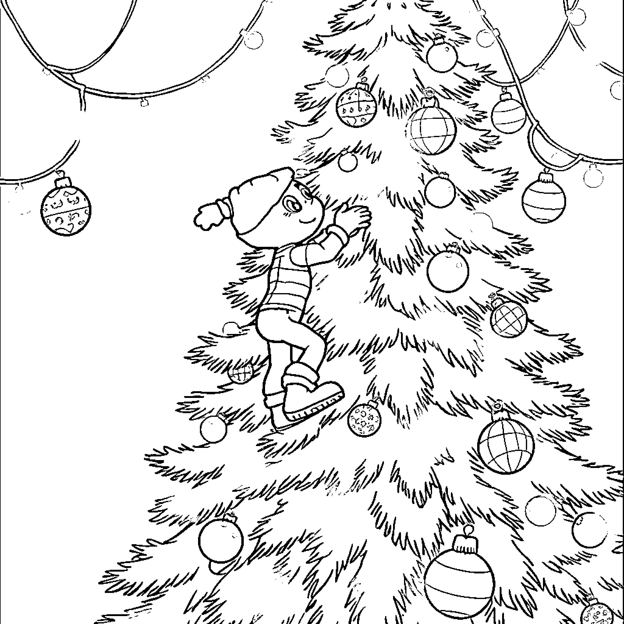 Spinderman decorating festive Christmas tree Coloring Page (free black-and-white line drawing printable PDF for all, from beginners to advanced learners, including children, teens, adults, and seniors)