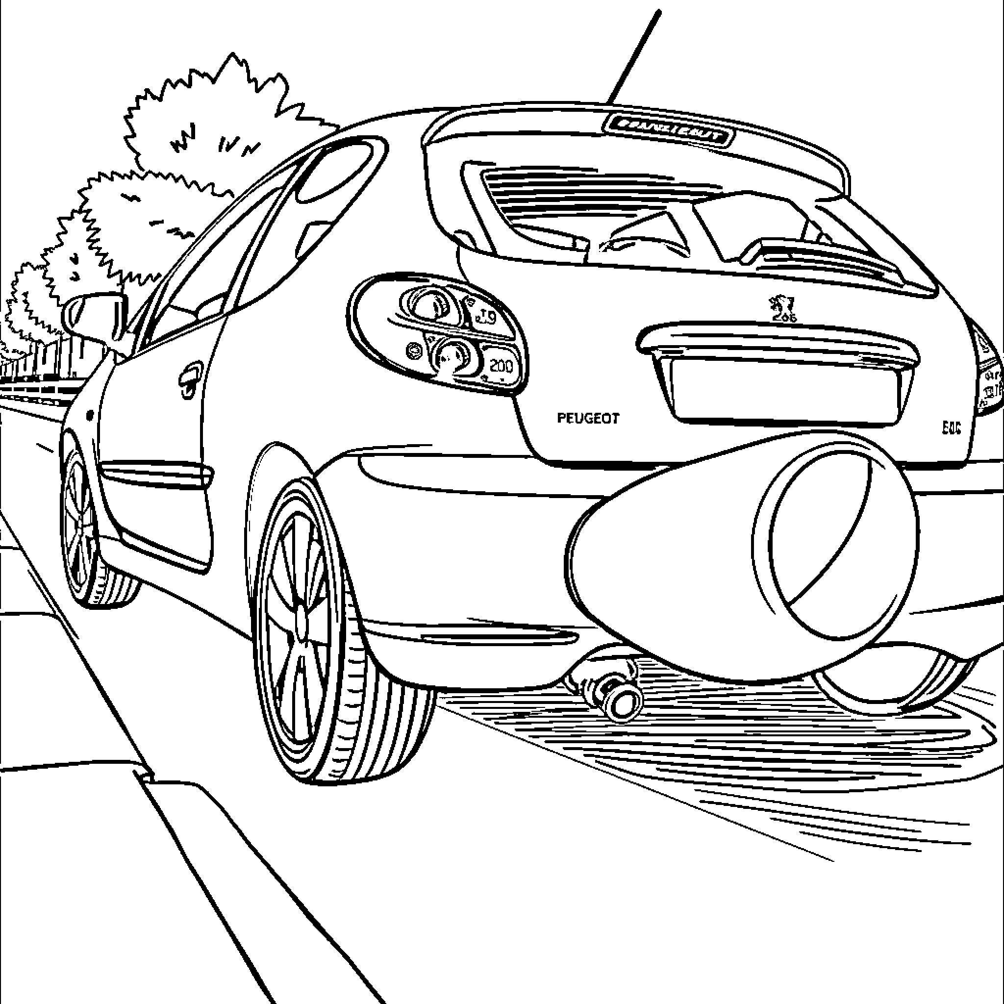 Peugeot race car speeding on city street Coloring Page (free black-and-white line drawing printable PDF for all, from beginners to advanced learners, including children, teens, adults, and seniors)
