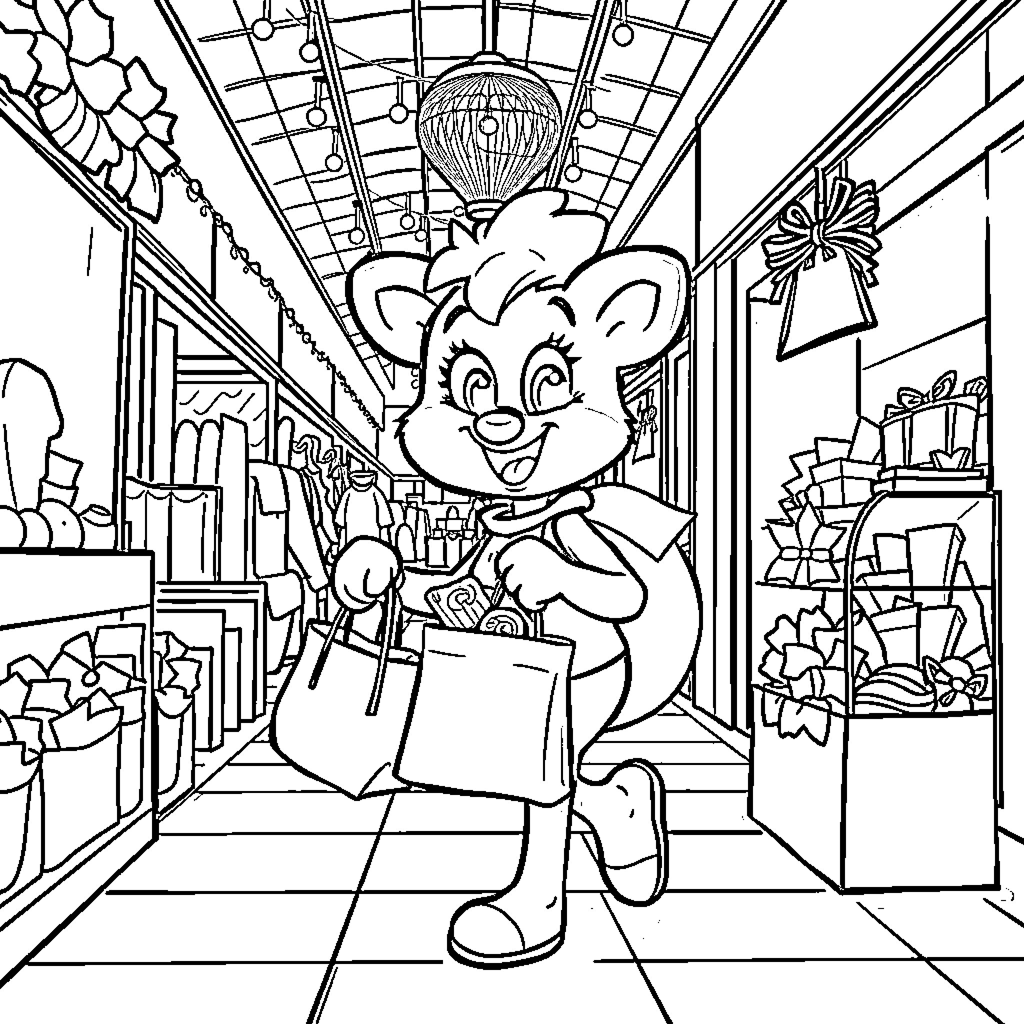 Bluey's Christmas Shopping Adventure Coloring Page (free black-and-white line drawing printable PDF for all, from beginners to advanced learners, including children, teens, adults, and seniors)