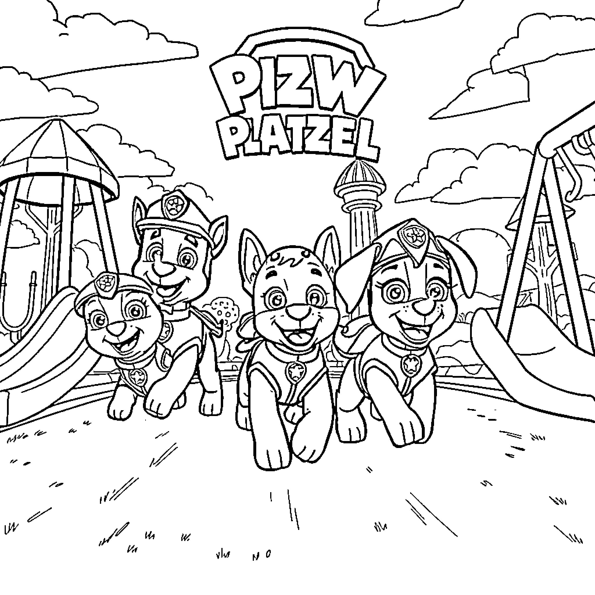 Paw Patrol team exploring the park happily Coloring Page (free black-and-white line drawing printable PDF for all, from beginners to advanced learners, including children, teens, adults, and seniors)