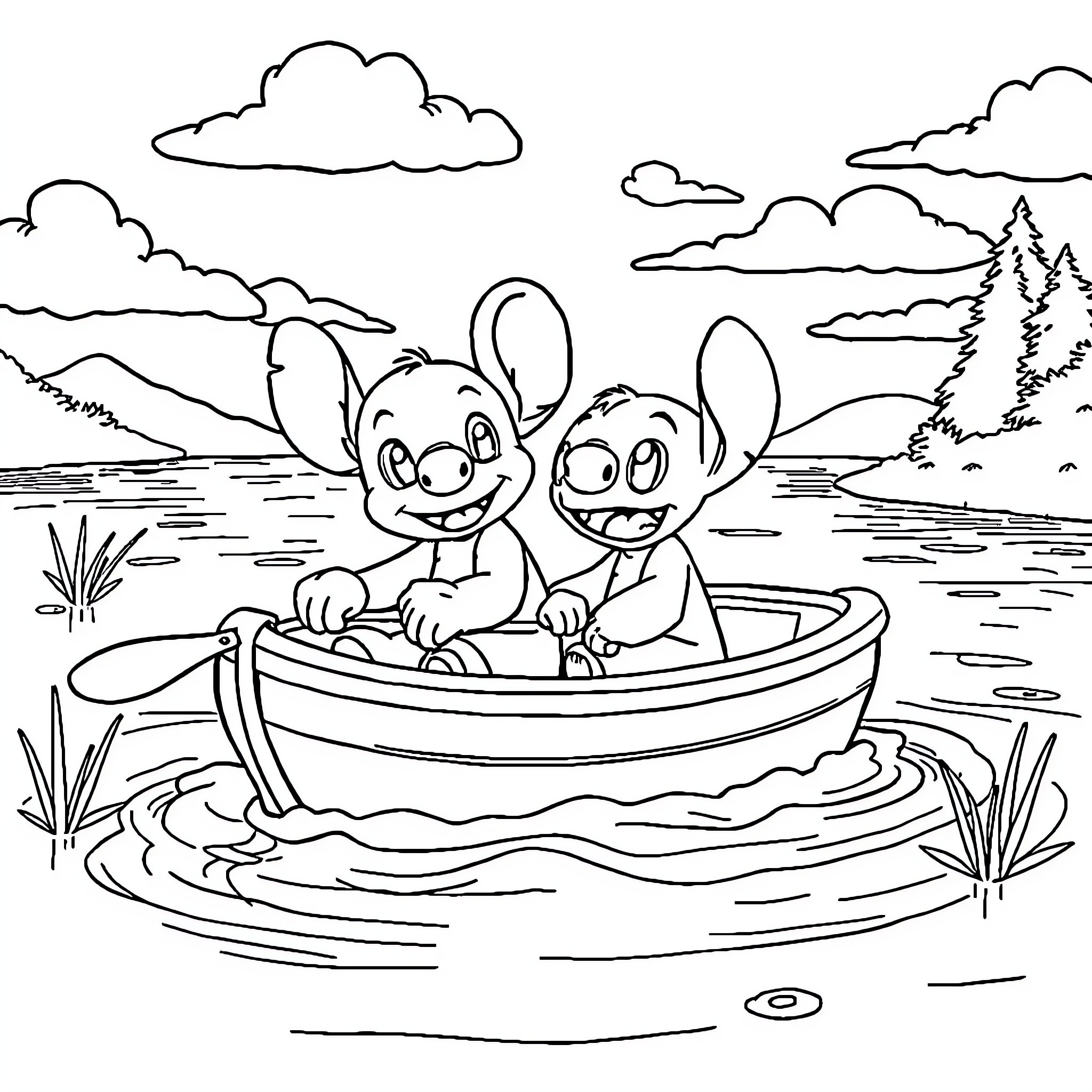 Mickey and Friends Enjoying a Boat Ride in Nature Coloring Page (free black-and-white line drawing printable PDF for all, from beginners to advanced learners, including children, teens, adults, and seniors)