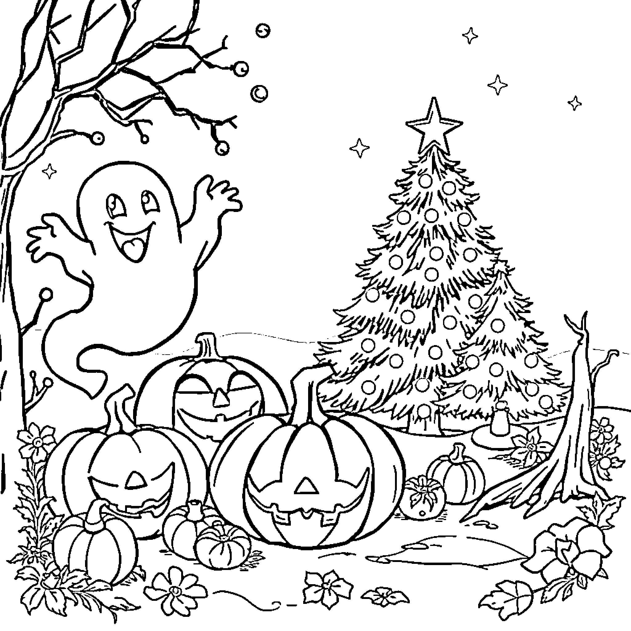 Holiday Festive Scene with Ghosts and Pumpkins Coloring Page (free black-and-white line drawing printable PDF for all, from beginners to advanced learners, including children, teens, adults, and seniors)