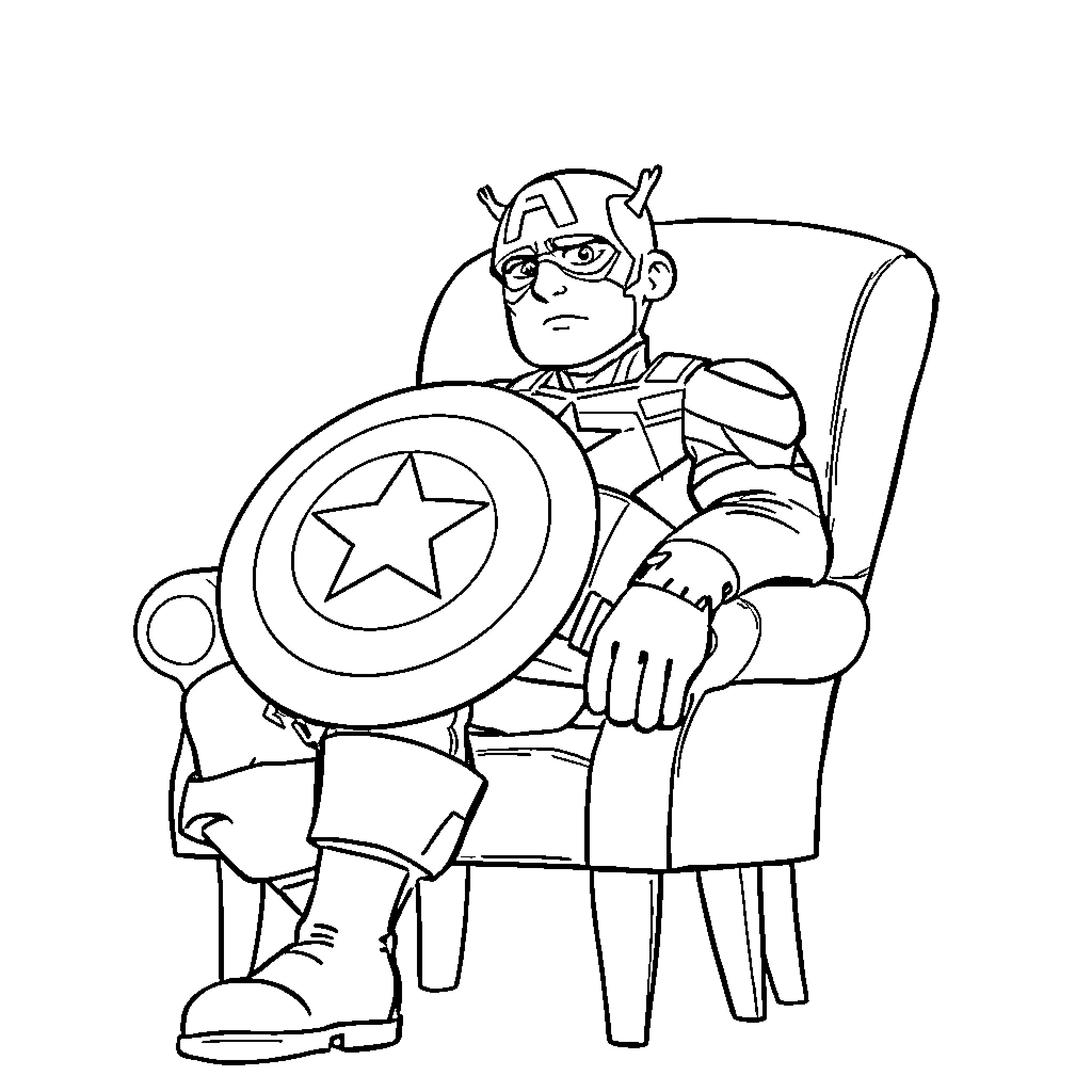 Captain America relaxing in an armchair Coloring Page (free black-and-white line drawing printable PDF for all, from beginners to advanced learners, including children, teens, adults, and seniors)