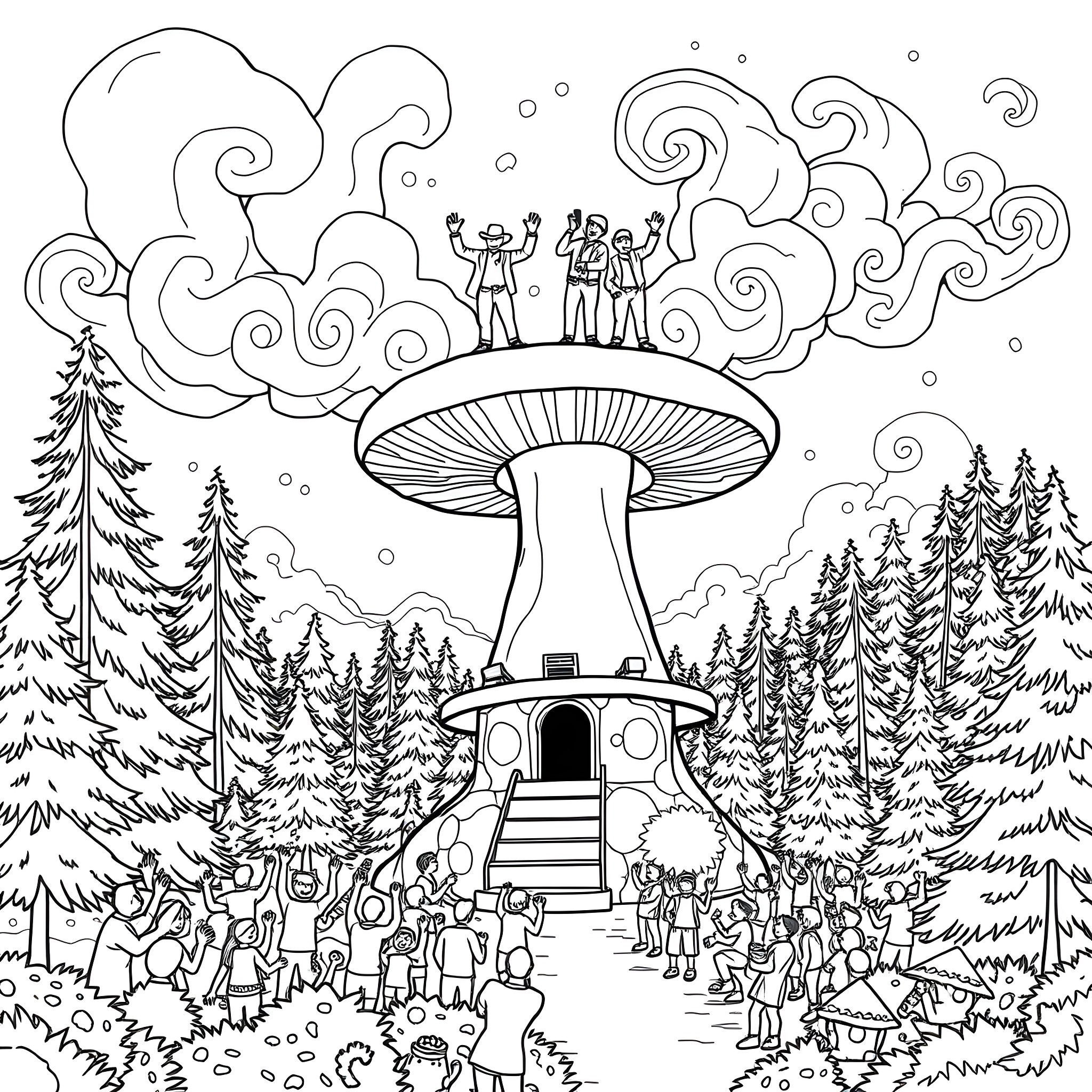 Backstreet Boys Performing Under Magical Mushroom Backdrop Coloring Page (free black-and-white line drawing printable PDF for all, from beginners to advanced learners, including children, teens, adults, and seniors)
