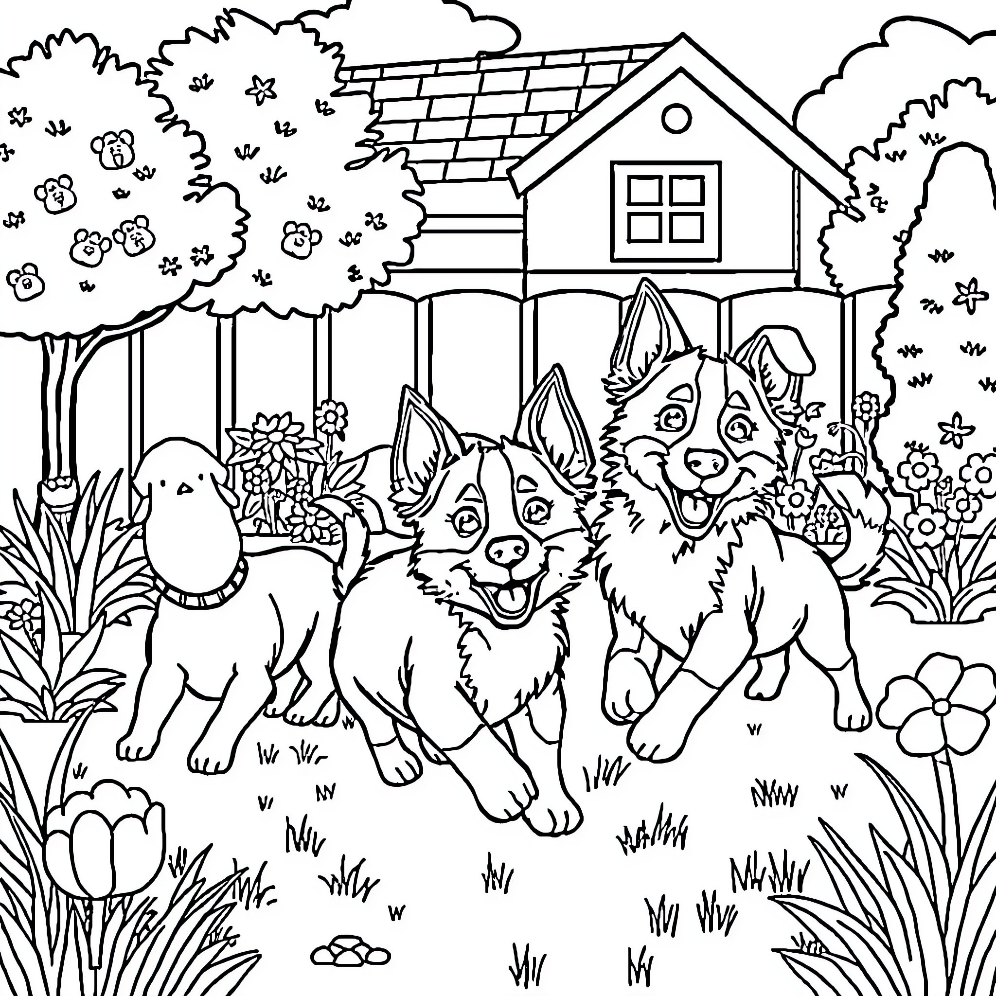 Bluey and Friends Explore the Backyard Adventure Coloring Page (free black-and-white line drawing printable PDF for all, from beginners to advanced learners, including children, teens, adults, and seniors)
