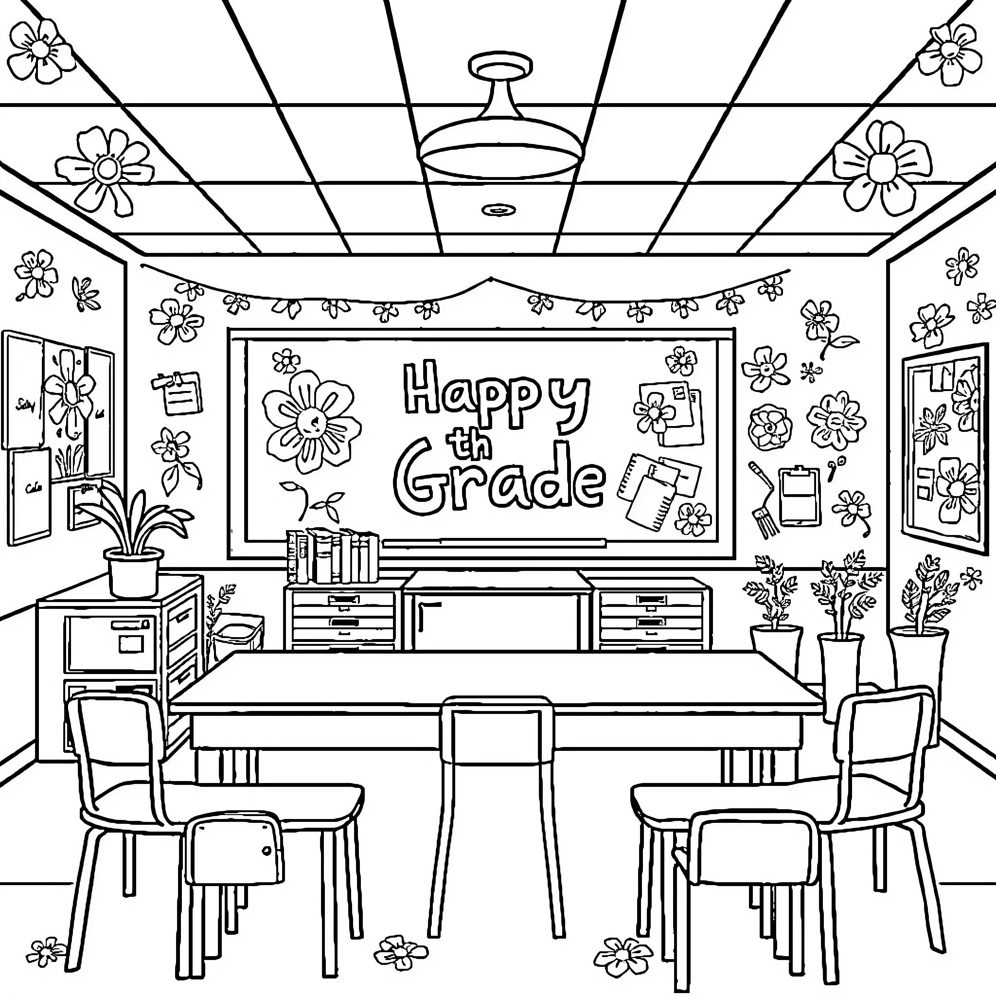 Flower-themed Classroom Celebration for Happy 4th Grade Coloring Page (free black-and-white line drawing printable PDF for all, from beginners to advanced learners, including children, teens, adults, and seniors)