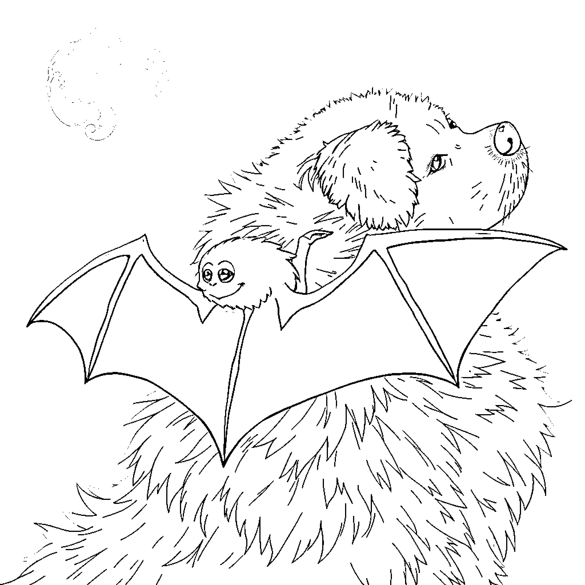 Bat flying merrily through the sky Coloring Page (free black-and-white line drawing printable PDF for all, from beginners to advanced learners, including children, teens, adults, and seniors)