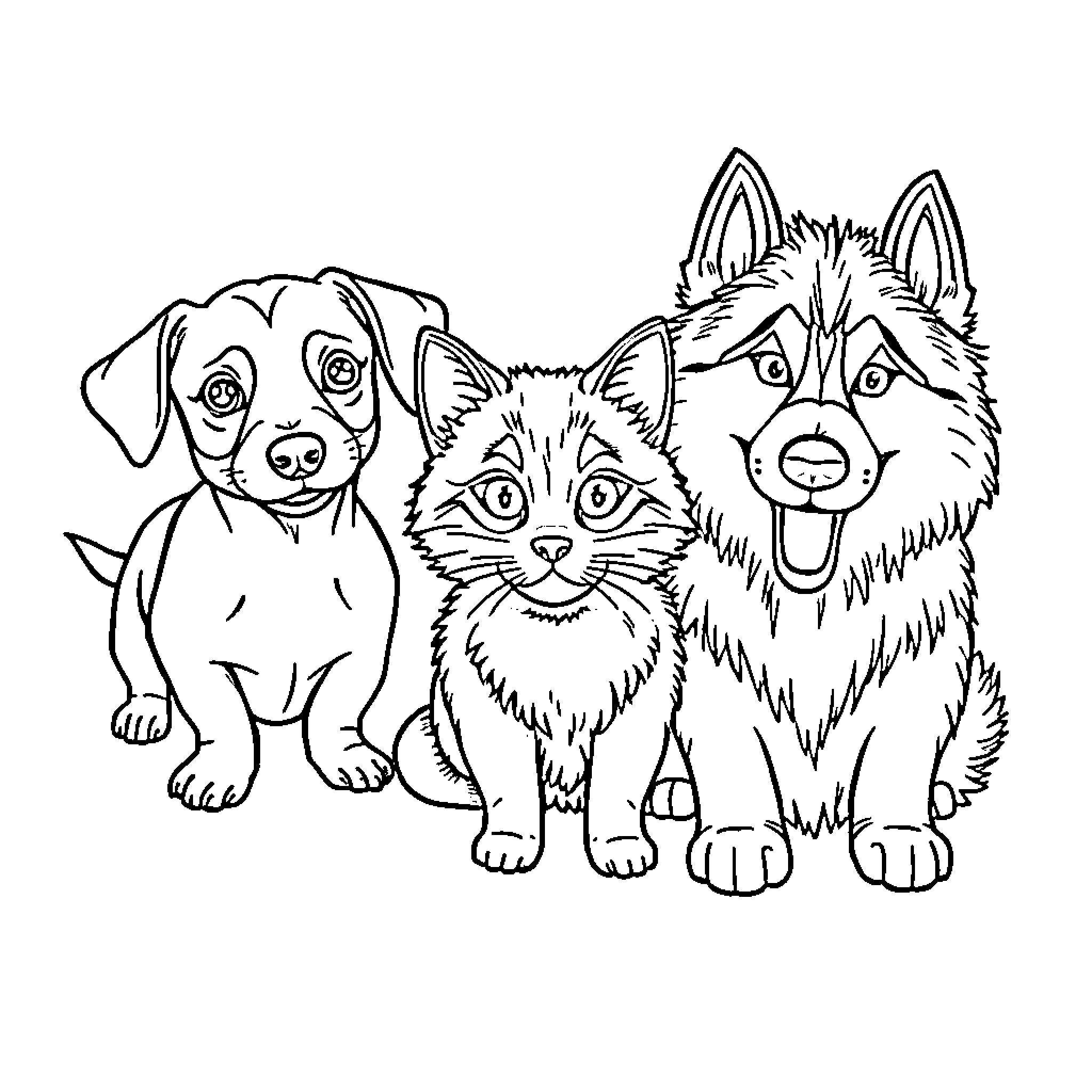 Dog, Cat, and Wolf Trio Posing Together Coloring Page (free black-and-white line drawing printable PDF for all, from beginners to advanced learners, including children, teens, adults, and seniors)