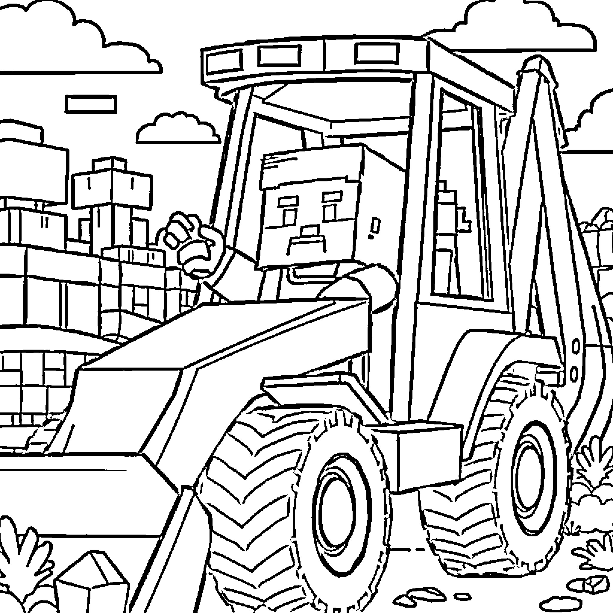 Steve operating a construction vehicle in the city Coloring Page (free black-and-white line drawing printable PDF for all, from beginners to advanced learners, including children, teens, adults, and seniors)