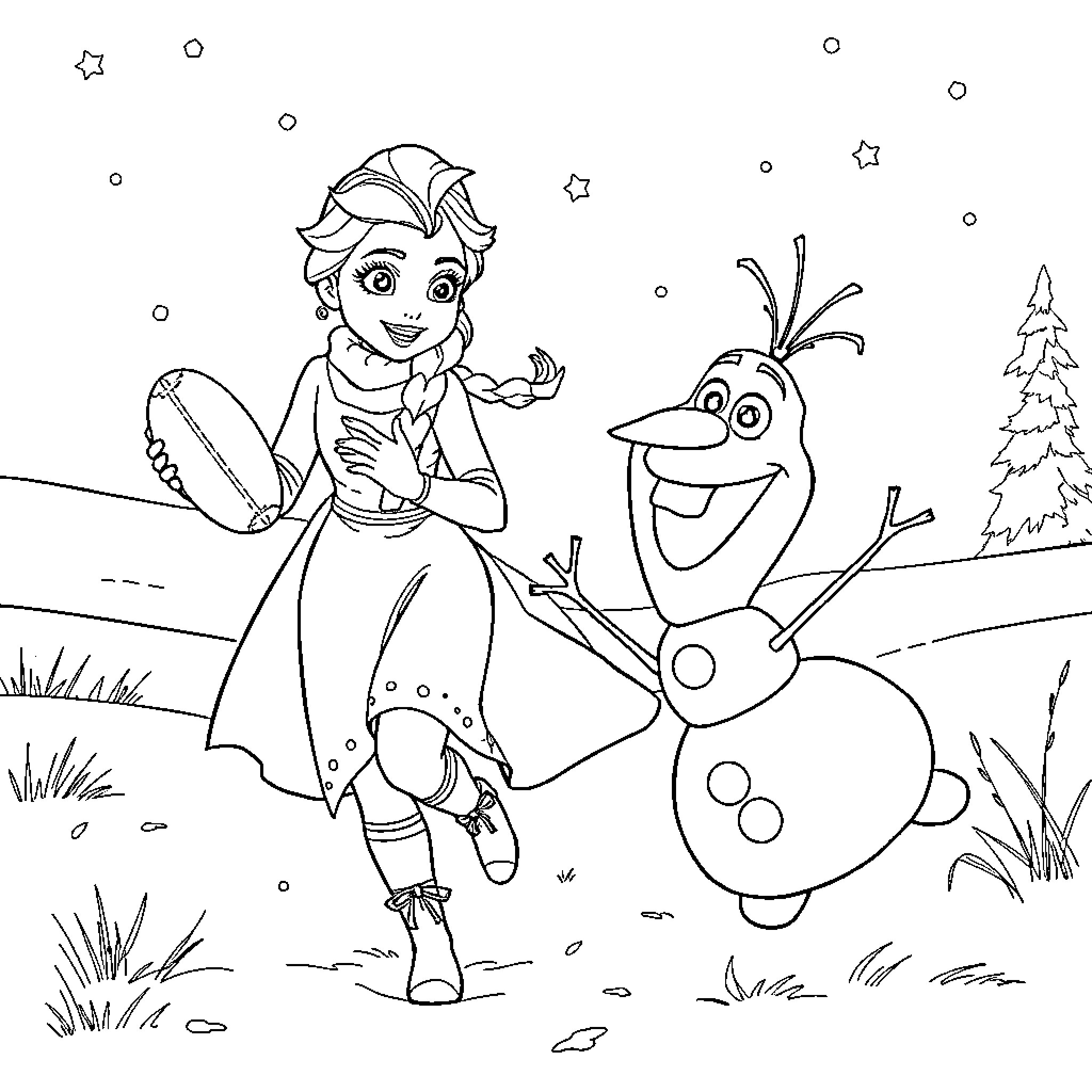 Elsa and Olaf enjoying a winter wonderland Coloring Page (free black-and-white line drawing printable PDF for all, from beginners to advanced learners, including children, teens, adults, and seniors)