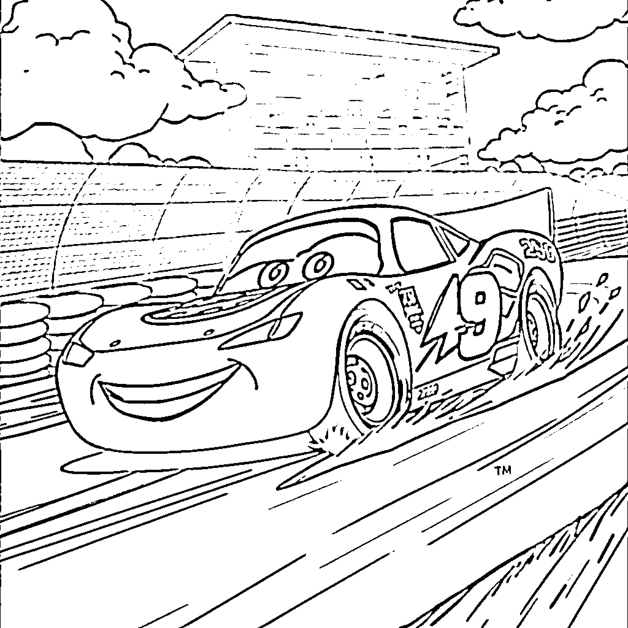 Rayo McQueen speeding on the racetrack Coloring Page (free black-and-white line drawing printable PDF for all, from beginners to advanced learners, including children, teens, adults, and seniors)