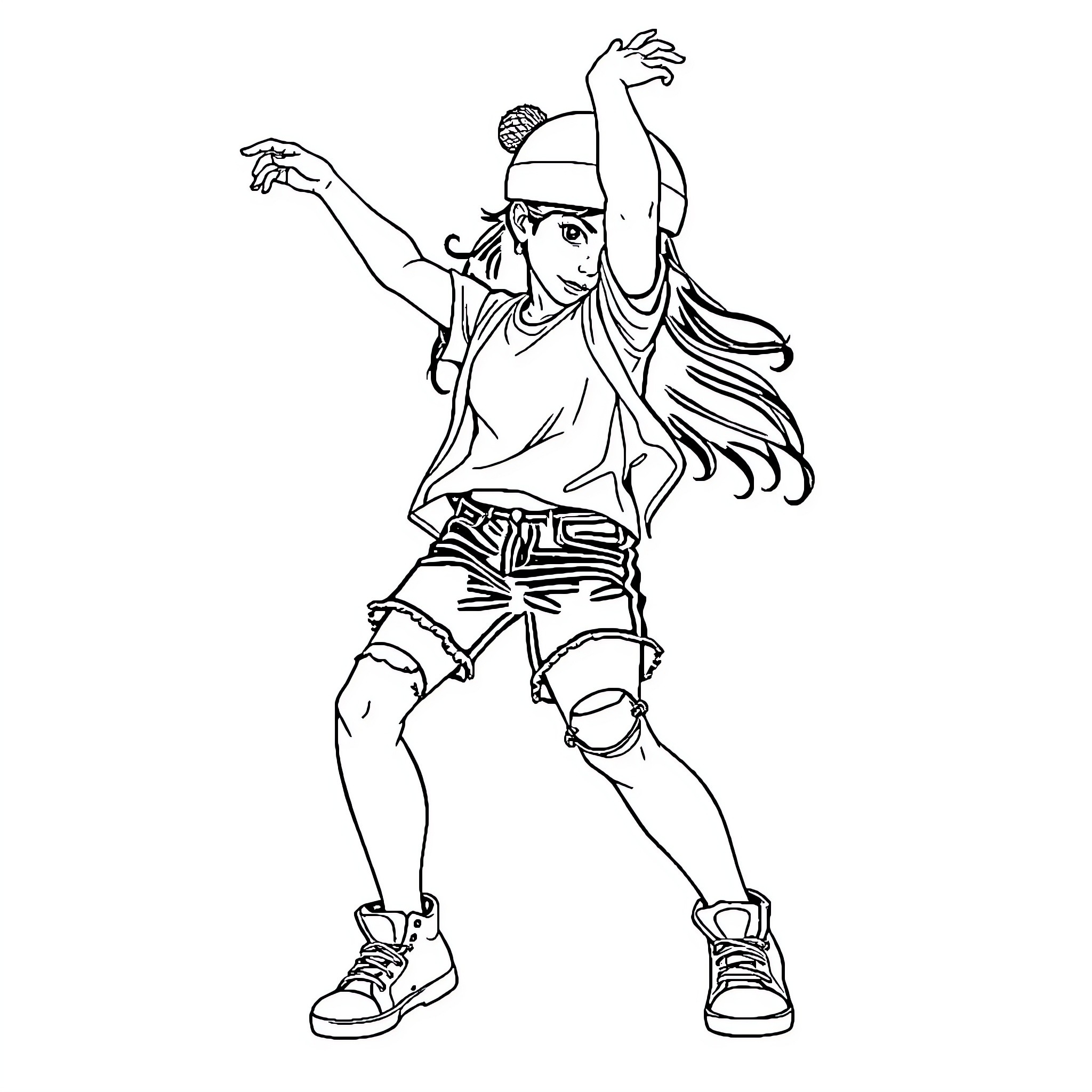 Fille dancing with arms raised joyfully Coloring Page (free black-and-white line drawing printable PDF for all, from beginners to advanced learners, including children, teens, adults, and seniors)