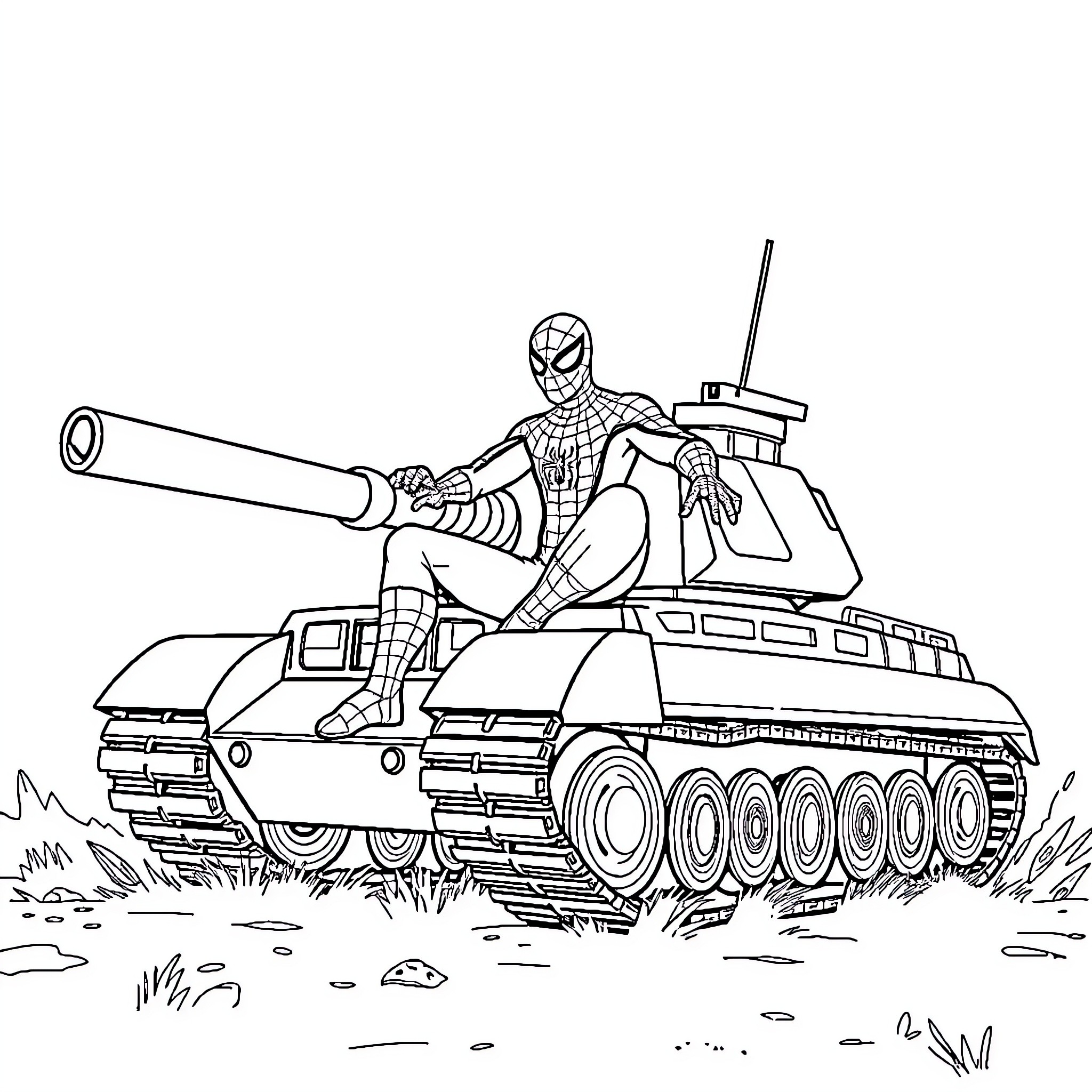 Spiderman riding a powerful armored tank Coloring Page (free black-and-white line drawing printable PDF for all, from beginners to advanced learners, including children, teens, adults, and seniors)