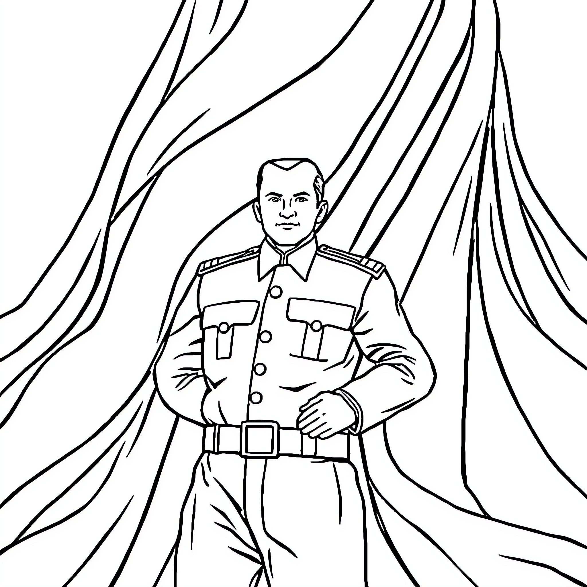Soldier standing at attention against flowing backdrop Coloring Page (free black-and-white line drawing printable PDF for all, from beginners to advanced learners, including children, teens, adults, and seniors)