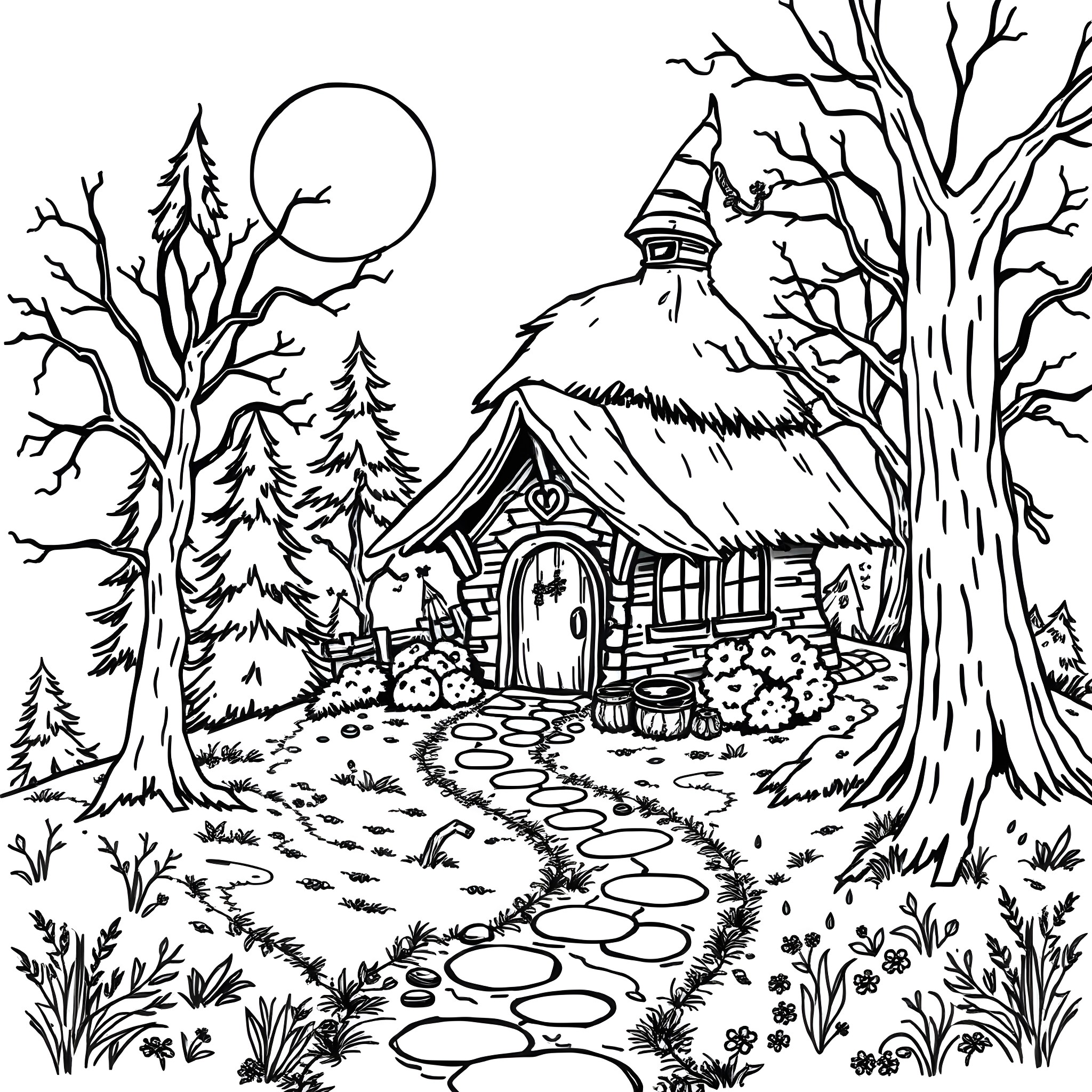Witch Hut in Enchanted Forest Landscape Coloring Page (free black-and-white line drawing printable PDF for all, from beginners to advanced learners, including children, teens, adults, and seniors)