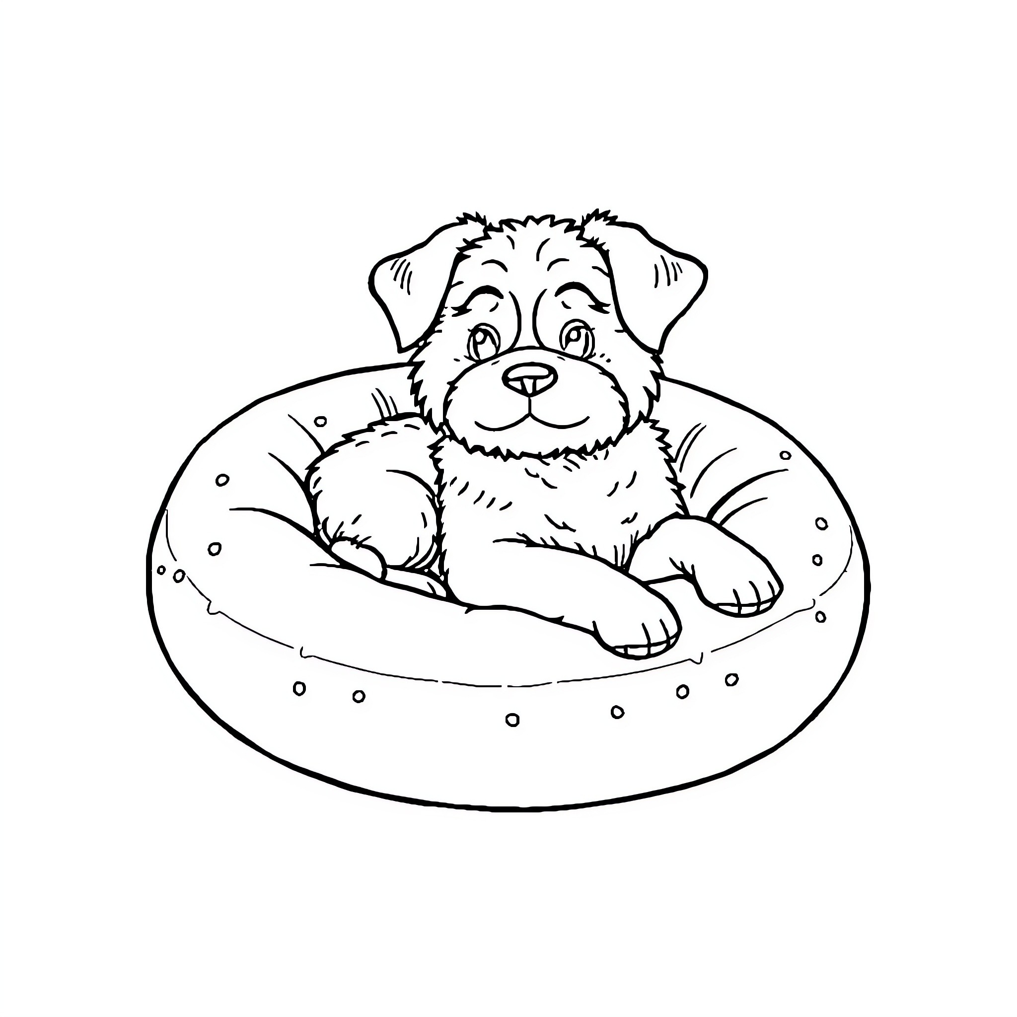 Dog resting comfortably in a cozy bed Coloring Page (free black-and-white line drawing printable PDF for all, from beginners to advanced learners, including children, teens, adults, and seniors)