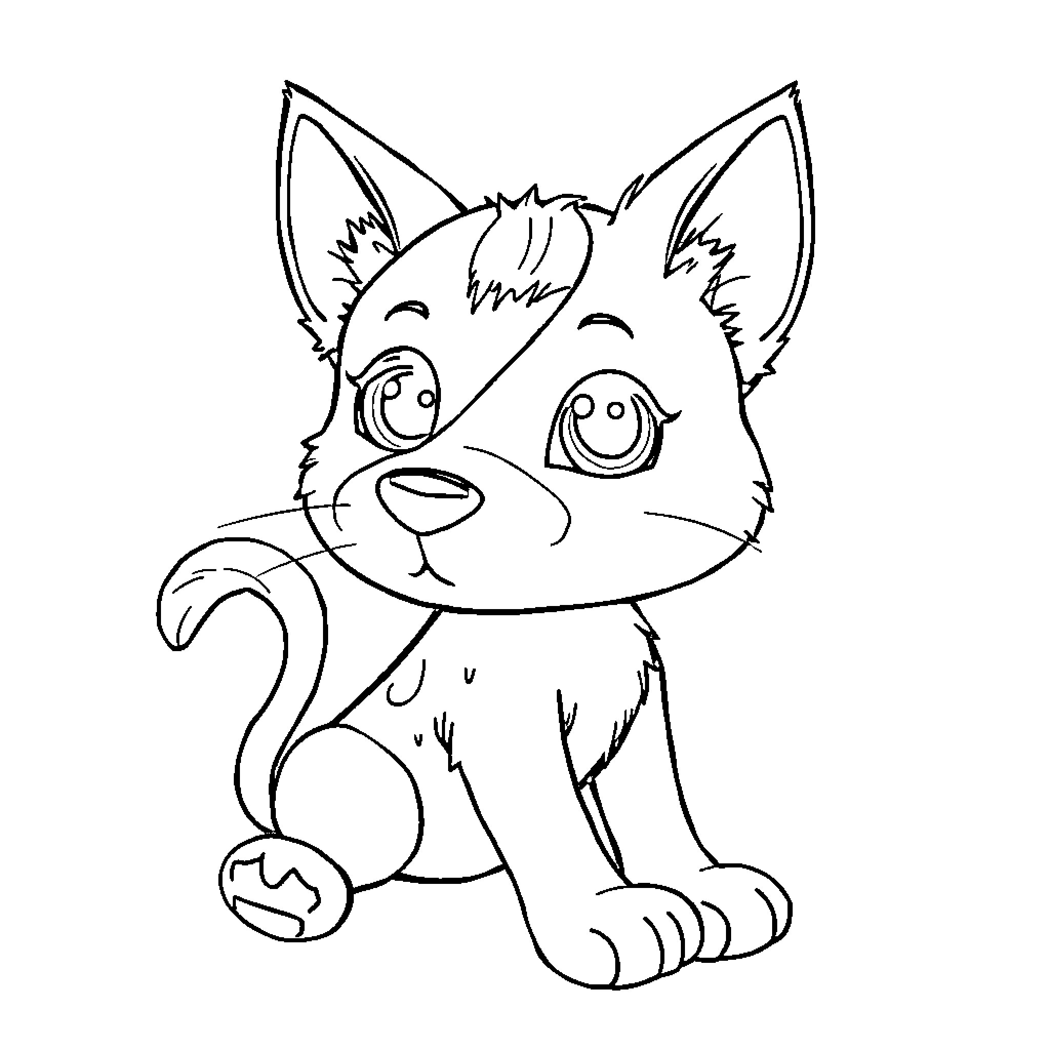 Catdog playful puppy with big eyes Coloring Page (free black-and-white line drawing printable PDF for all, from beginners to advanced learners, including children, teens, adults, and seniors)