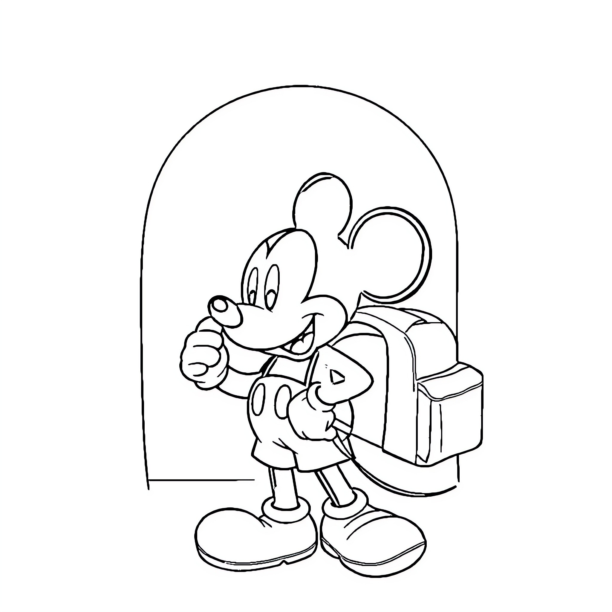 Mickey Mouse on a School Adventure Coloring Page (free black-and-white line drawing printable PDF for all, from beginners to advanced learners, including children, teens, adults, and seniors)