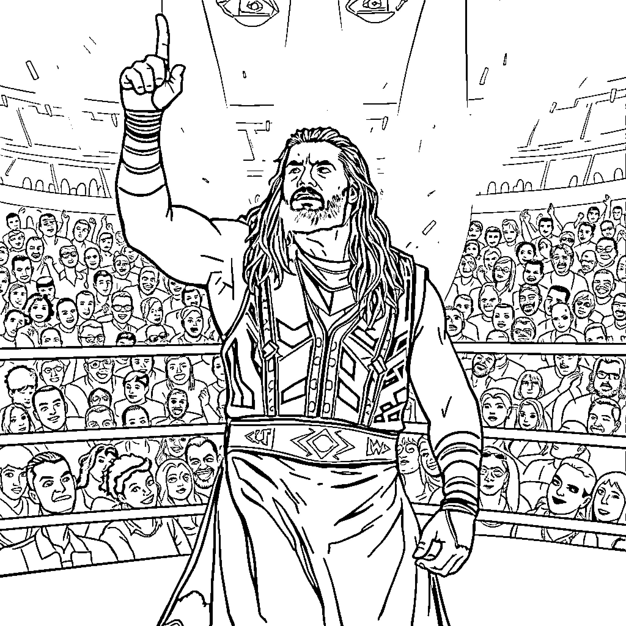 Roman Reigns stands tall in the wrestling arena Coloring Page (free black-and-white line drawing printable PDF for all, from beginners to advanced learners, including children, teens, adults, and seniors)