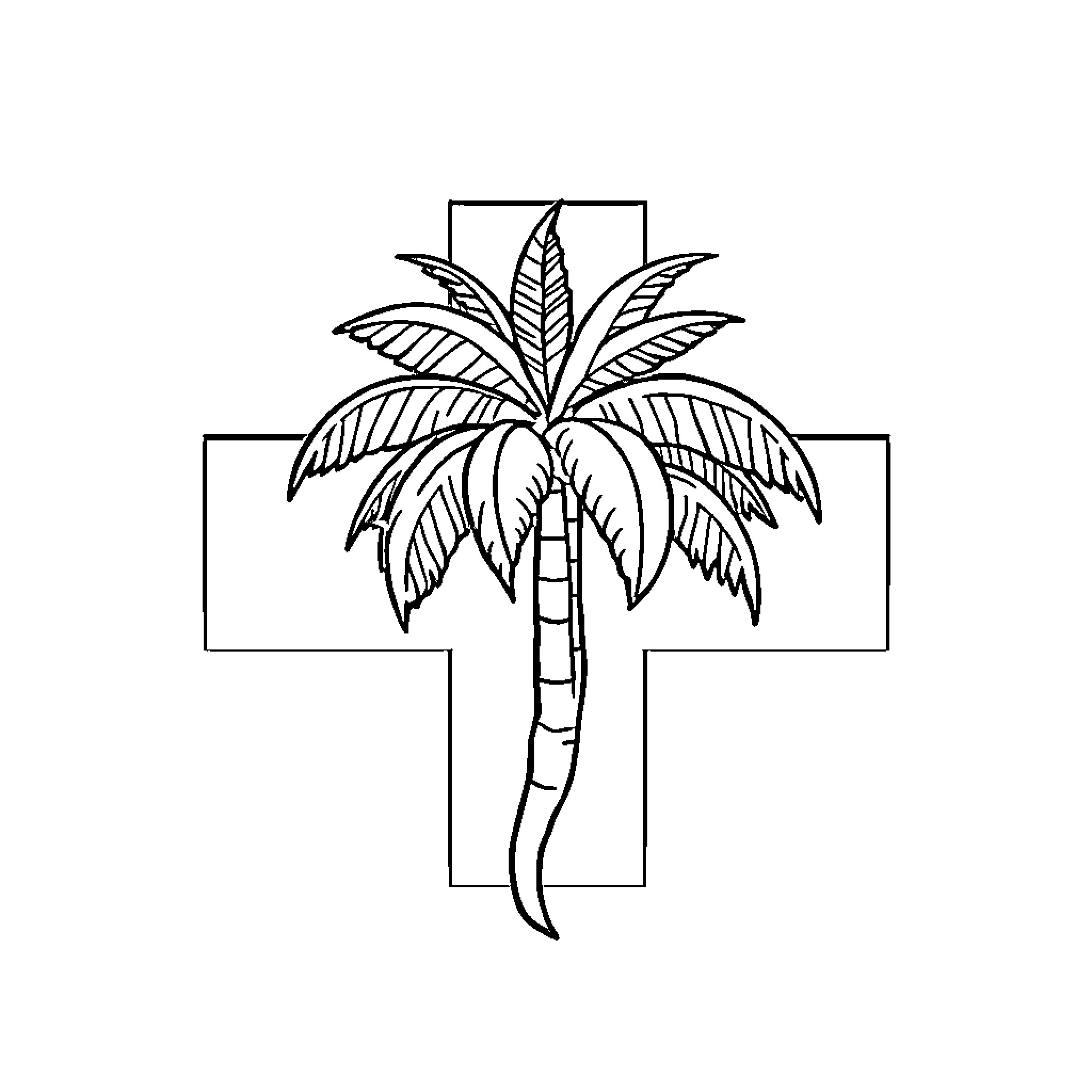 Coconut Tree in Cross Form Coloring Page (free black-and-white line drawing printable PDF for all, from beginners to advanced learners, including children, teens, adults, and seniors)