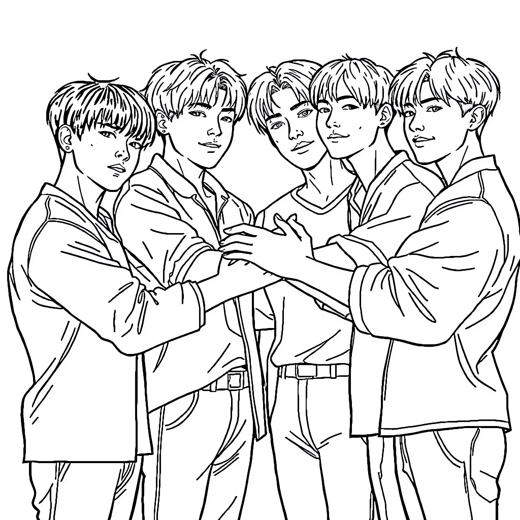 BTS Members Posing Together in Formal Attire Coloring Page (free black-and-white line drawing printable PDF for all, from beginners to advanced learners, including children, teens, adults, and seniors)