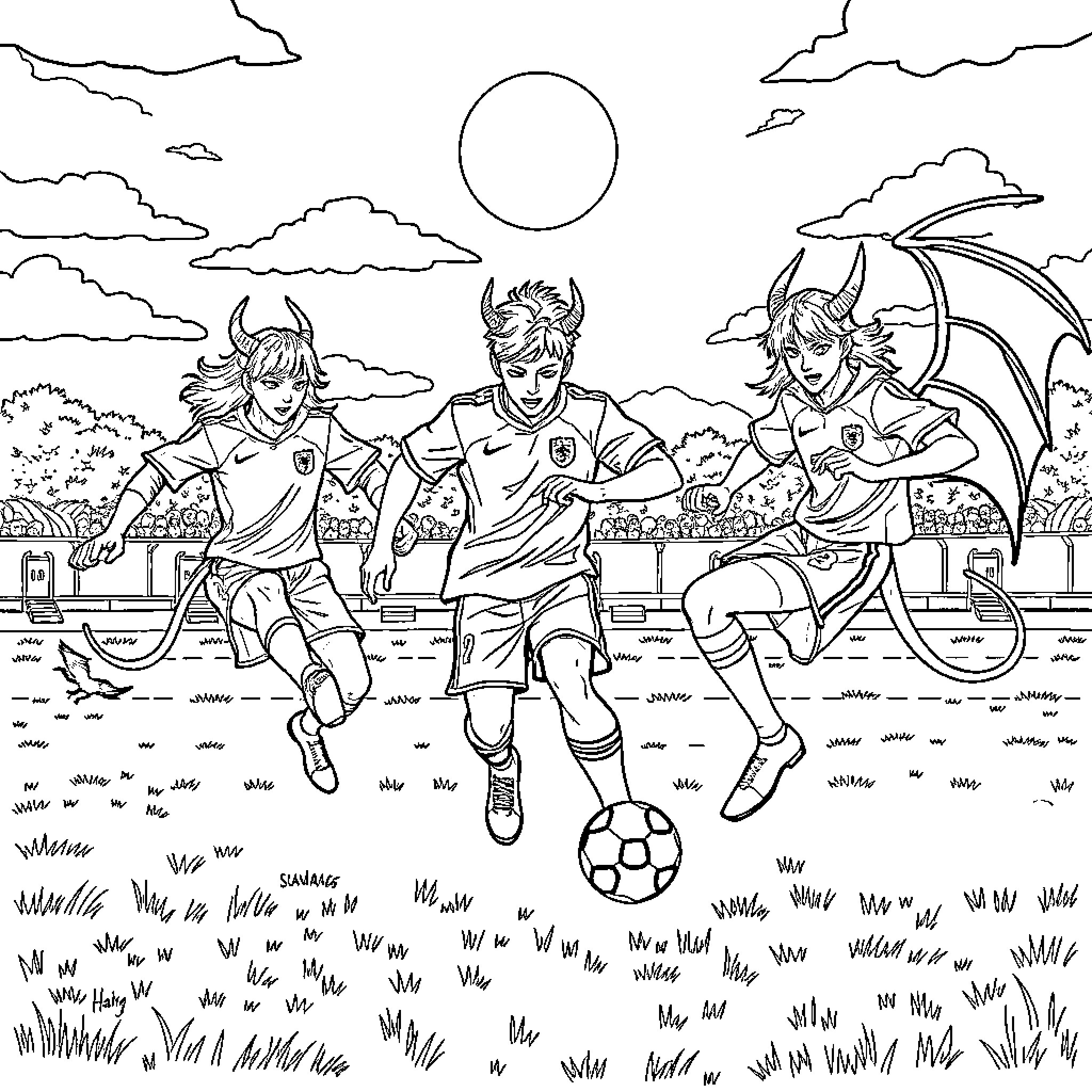 Demon Hunter Trio in a Sporting Match Coloring Page (free black-and-white line drawing printable PDF for all, from beginners to advanced learners, including children, teens, adults, and seniors)