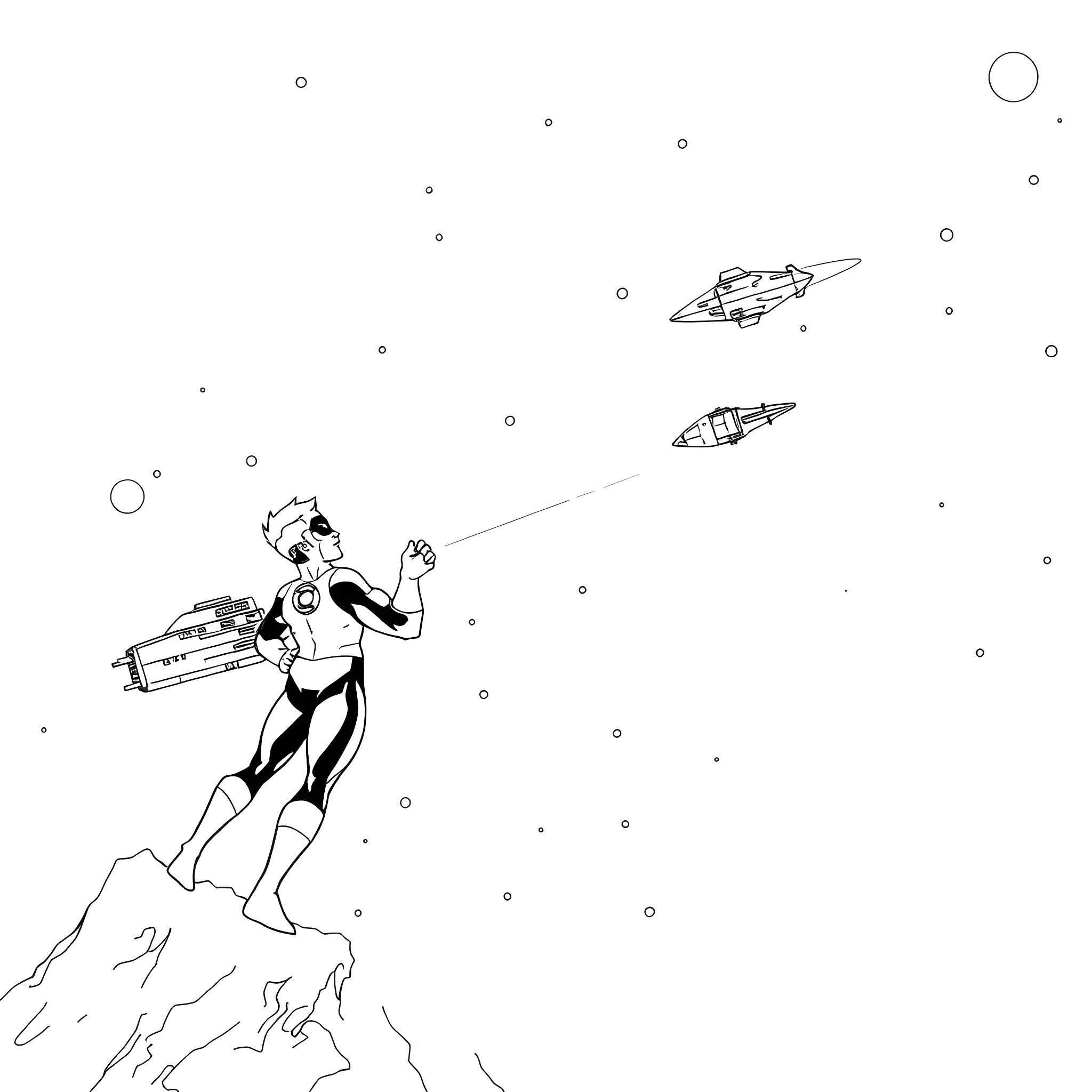 Green Lantern fights space enemies with energy constructs Coloring Page (free black-and-white line drawing printable PDF for all, from beginners to advanced learners, including children, teens, adults, and seniors)