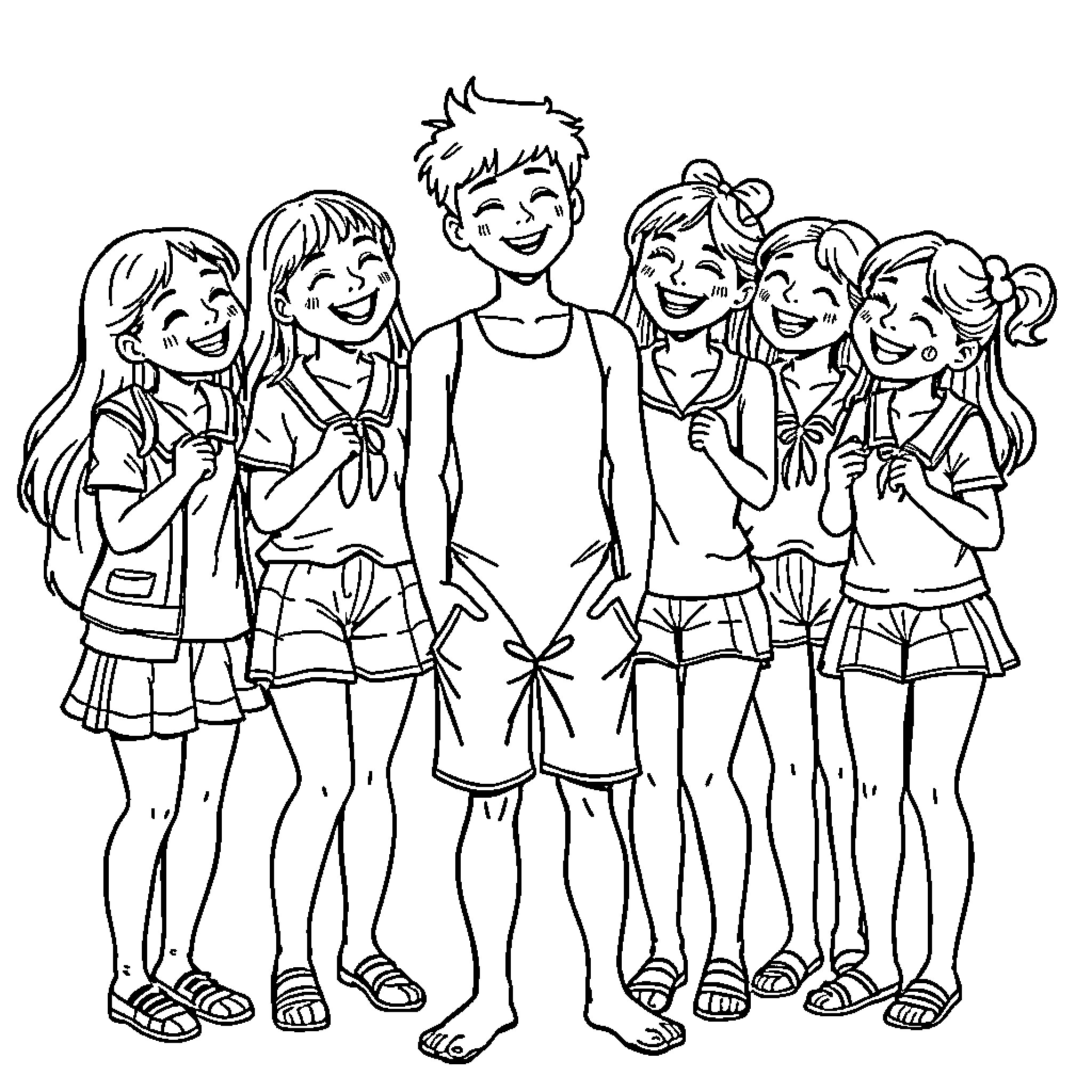 Boy with group of cheerful friends Coloring Page (free black-and-white line drawing printable PDF for all, from beginners to advanced learners, including children, teens, adults, and seniors)