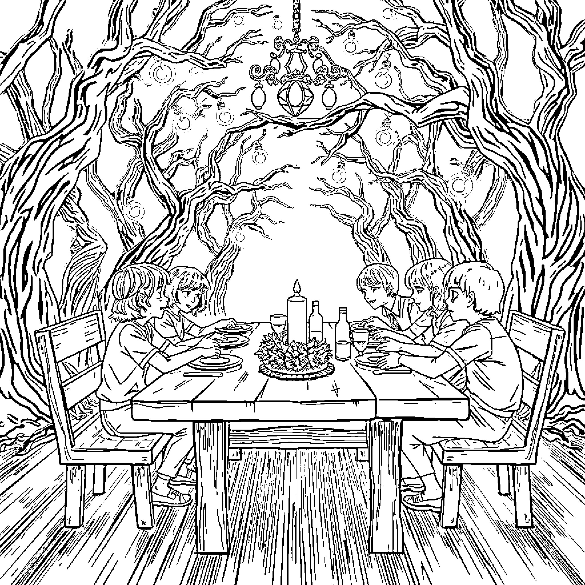 Stranger Things: Dinner in the Spooky Forest Coloring Page (free black-and-white line drawing printable PDF for all, from beginners to advanced learners, including children, teens, adults, and seniors)