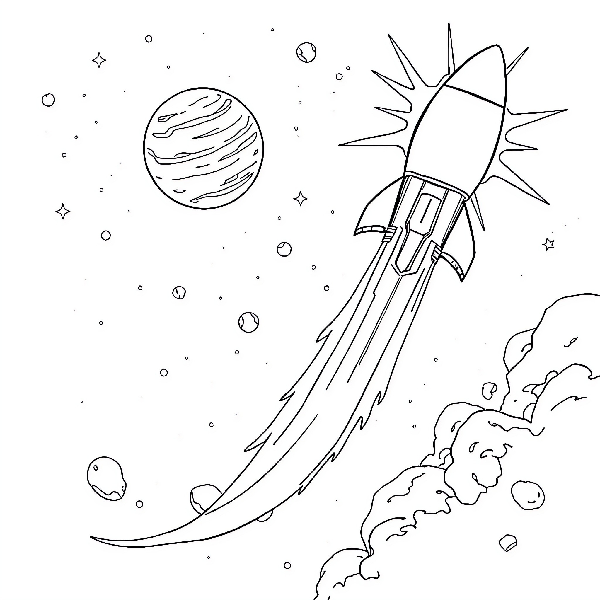 Rocket launching into the cosmic night sky Coloring Page (free black-and-white line drawing printable PDF for all, from beginners to advanced learners, including children, teens, adults, and seniors)