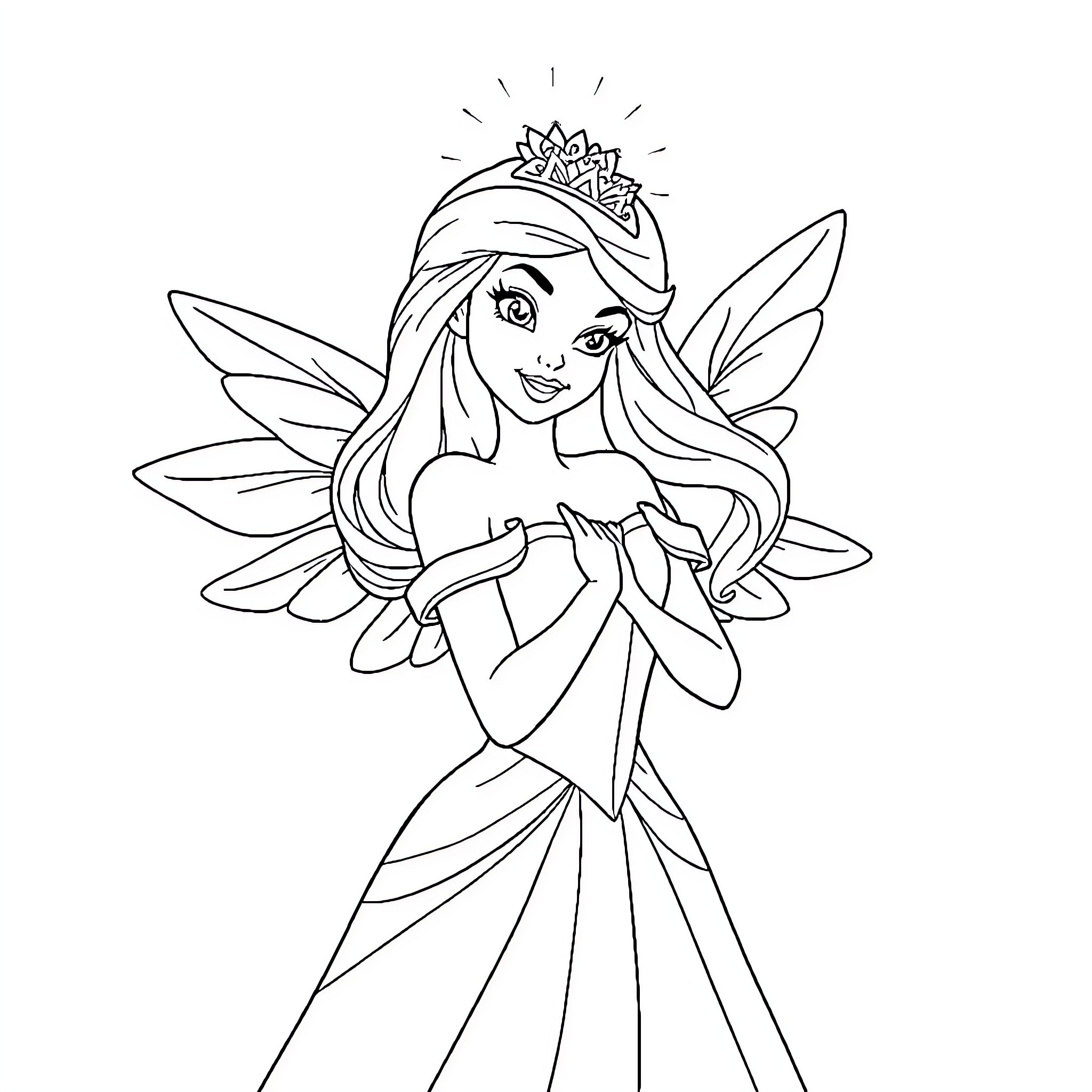 Angel princess in a flowing dress and wings Coloring Page (free black-and-white line drawing printable PDF for all, from beginners to advanced learners, including children, teens, adults, and seniors)