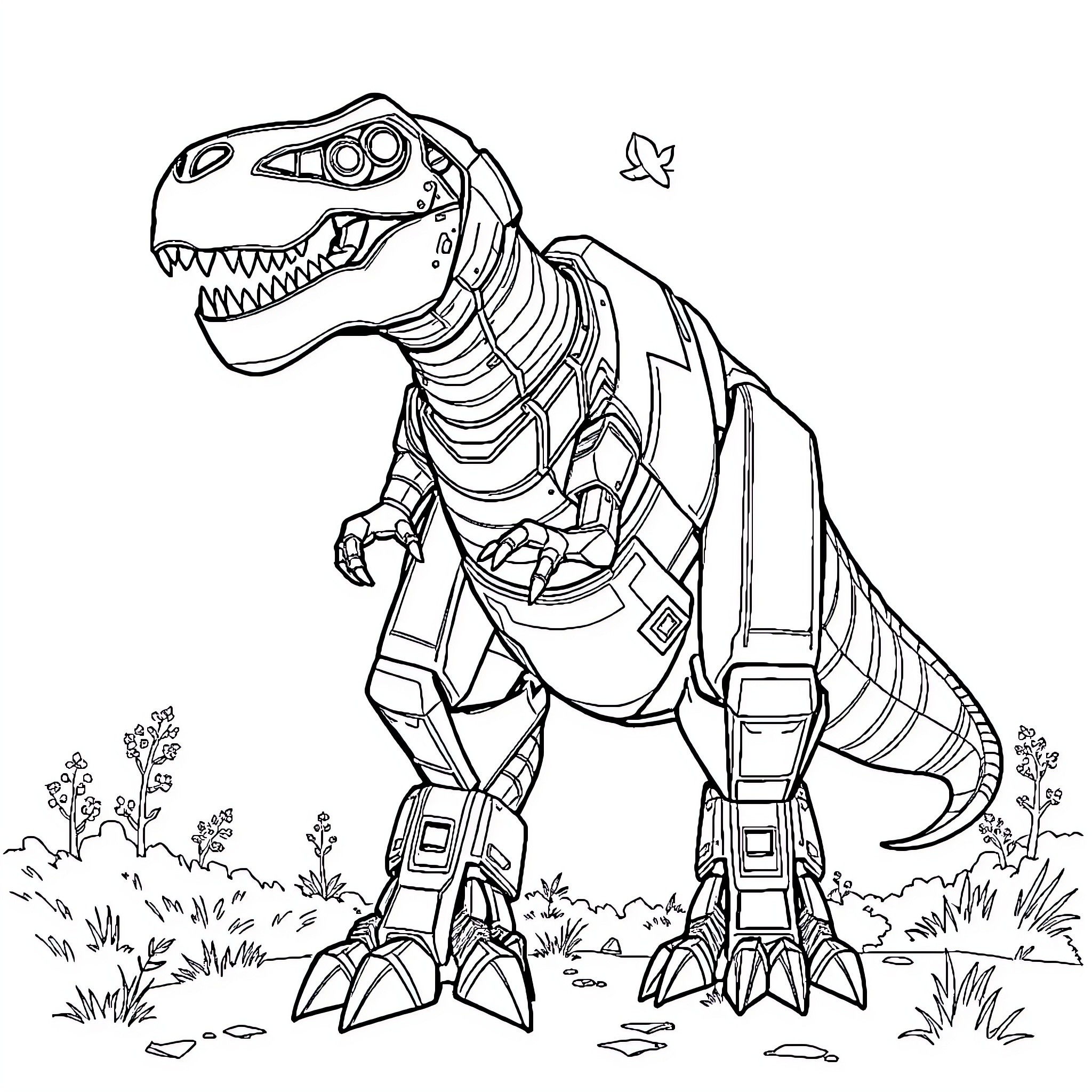 Robot Dinosaur Exploring the Wilderness Coloring Page (free black-and-white line drawing printable PDF for all, from beginners to advanced learners, including children, teens, adults, and seniors)