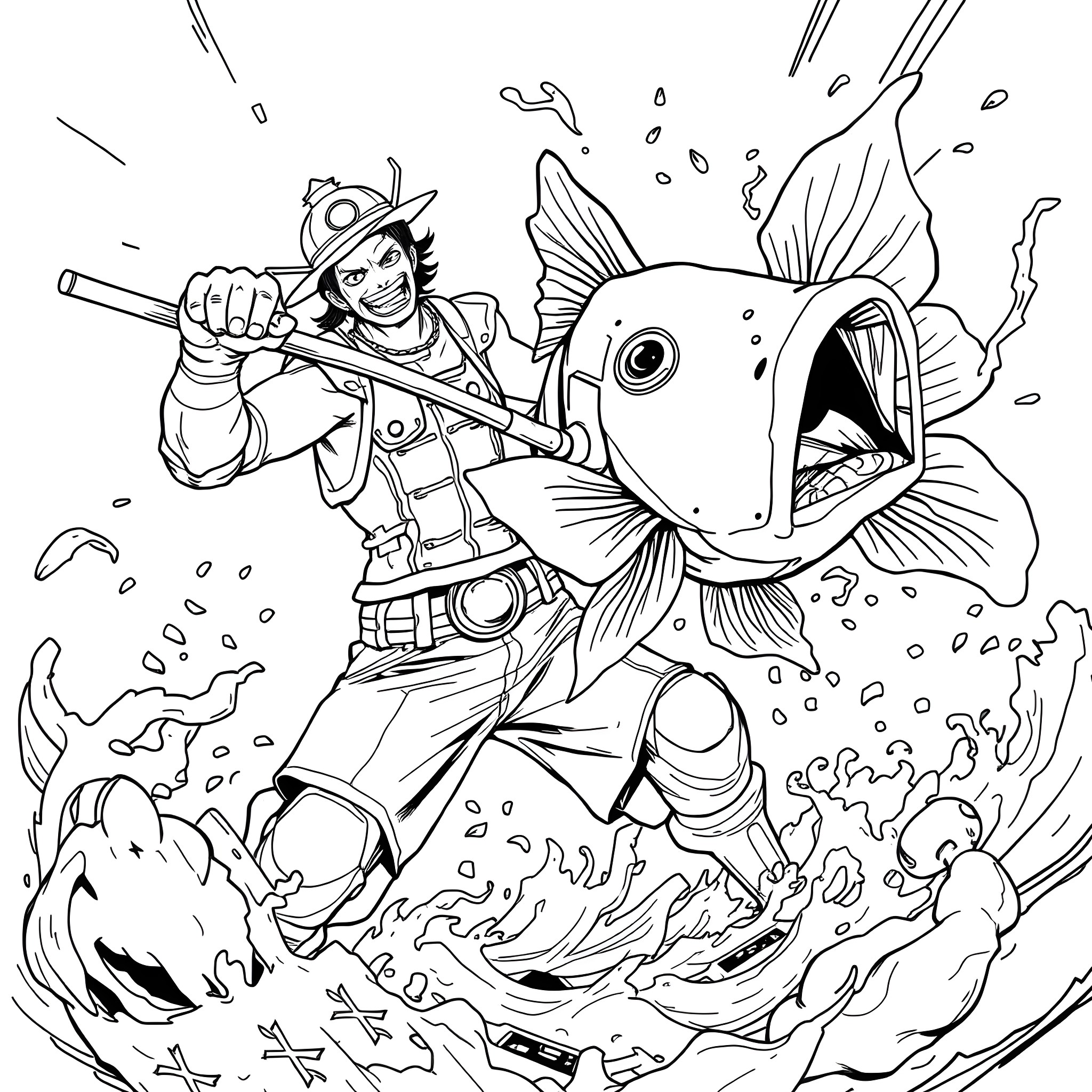 Franky's Thrilling Underwater Adventure Coloring Page (free black-and-white line drawing printable PDF for all, from beginners to advanced learners, including children, teens, adults, and seniors)