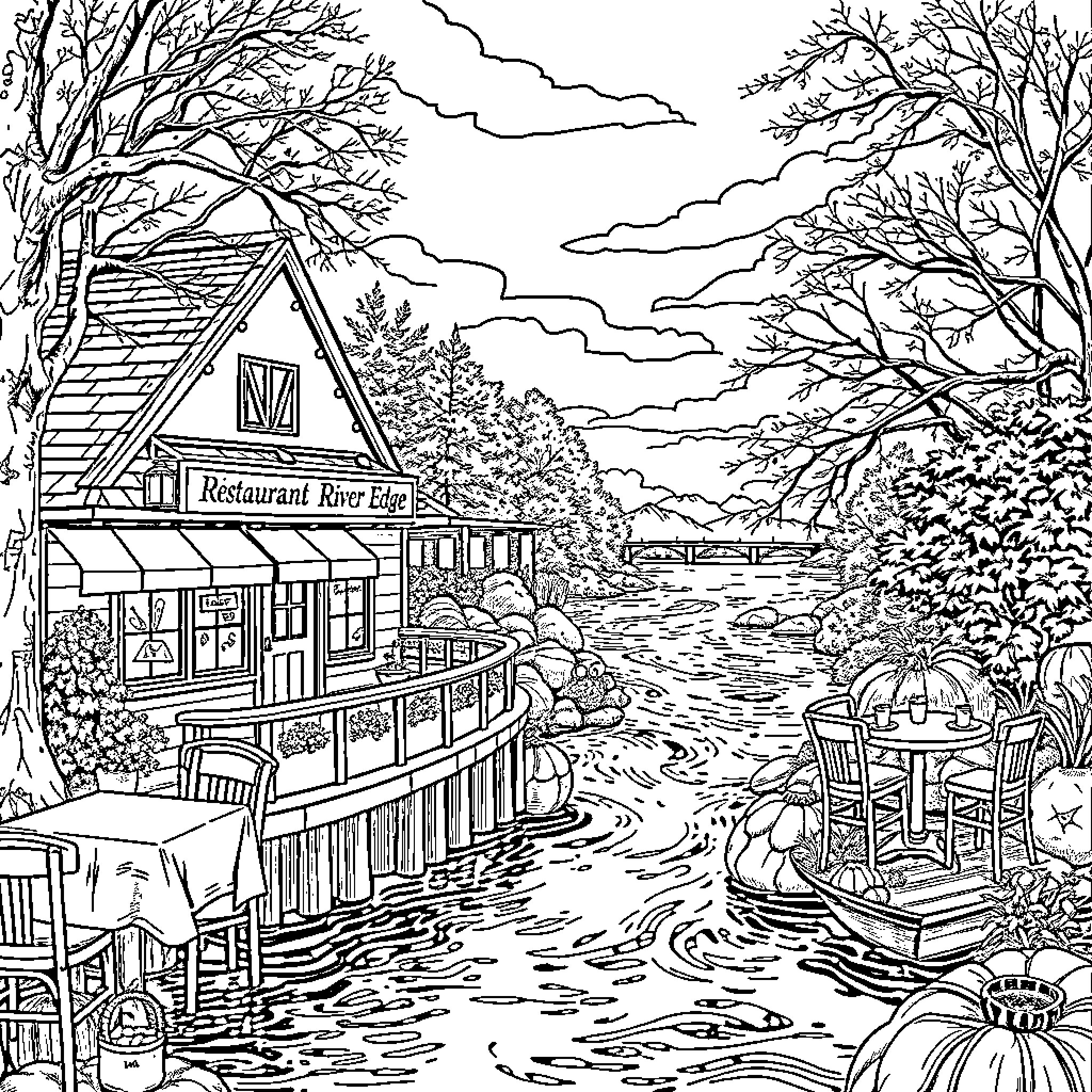 Restaurant by the River Pier with Outdoor Seating Coloring Page (free black-and-white line drawing printable PDF for all, from beginners to advanced learners, including children, teens, adults, and seniors)