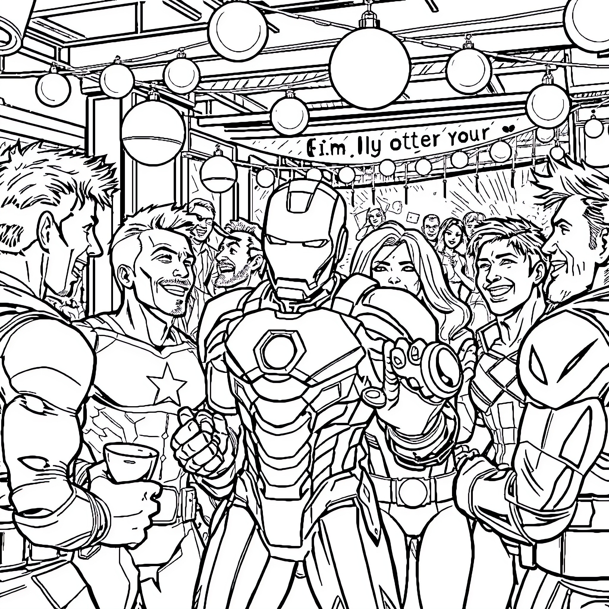 Ironman in the Midst of Superheroes and Crowds Coloring Page (free black-and-white line drawing printable PDF for all, from beginners to advanced learners, including children, teens, adults, and seniors)