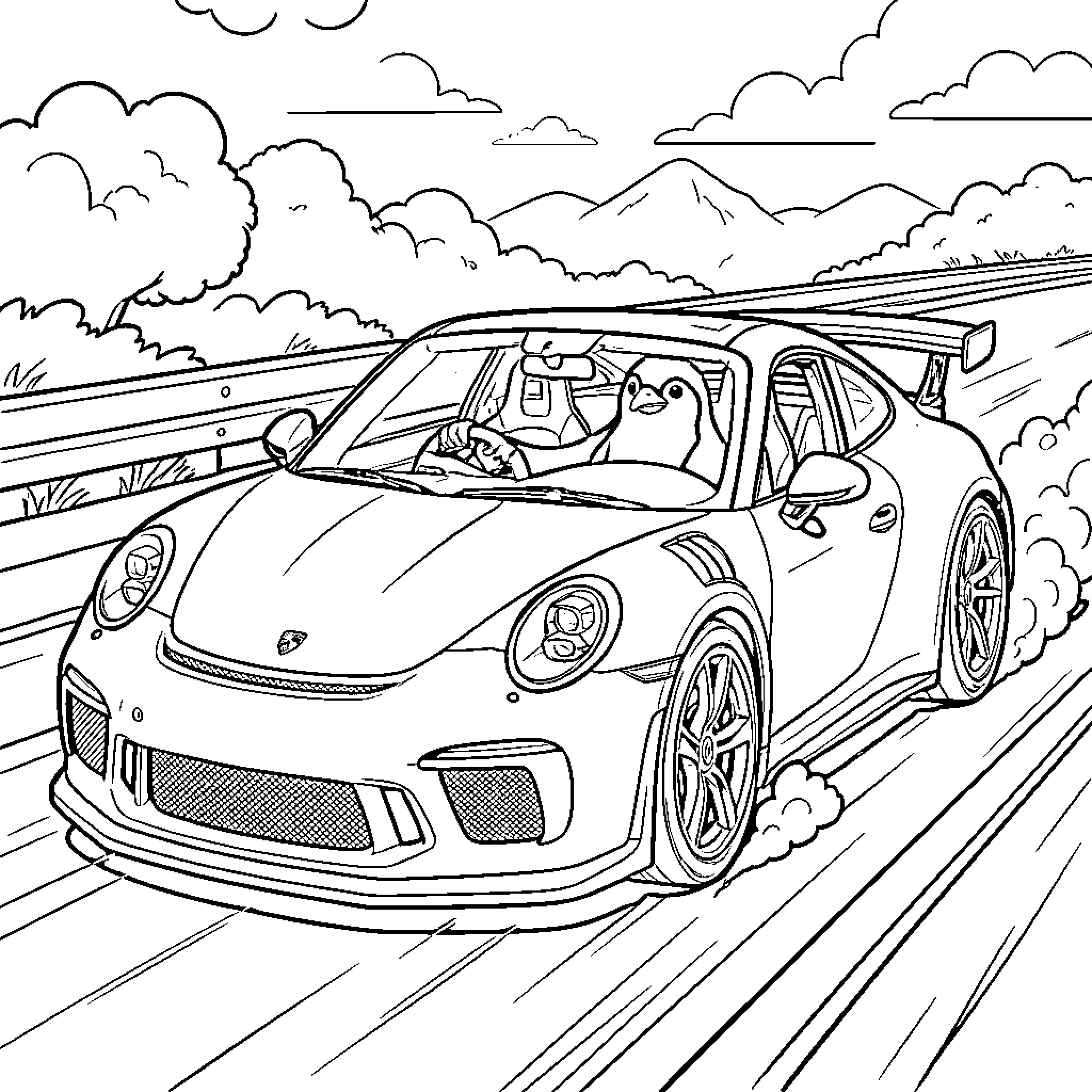 Penguin driving a sports car on a scenic road Coloring Page (free black-and-white line drawing printable PDF for all, from beginners to advanced learners, including children, teens, adults, and seniors)