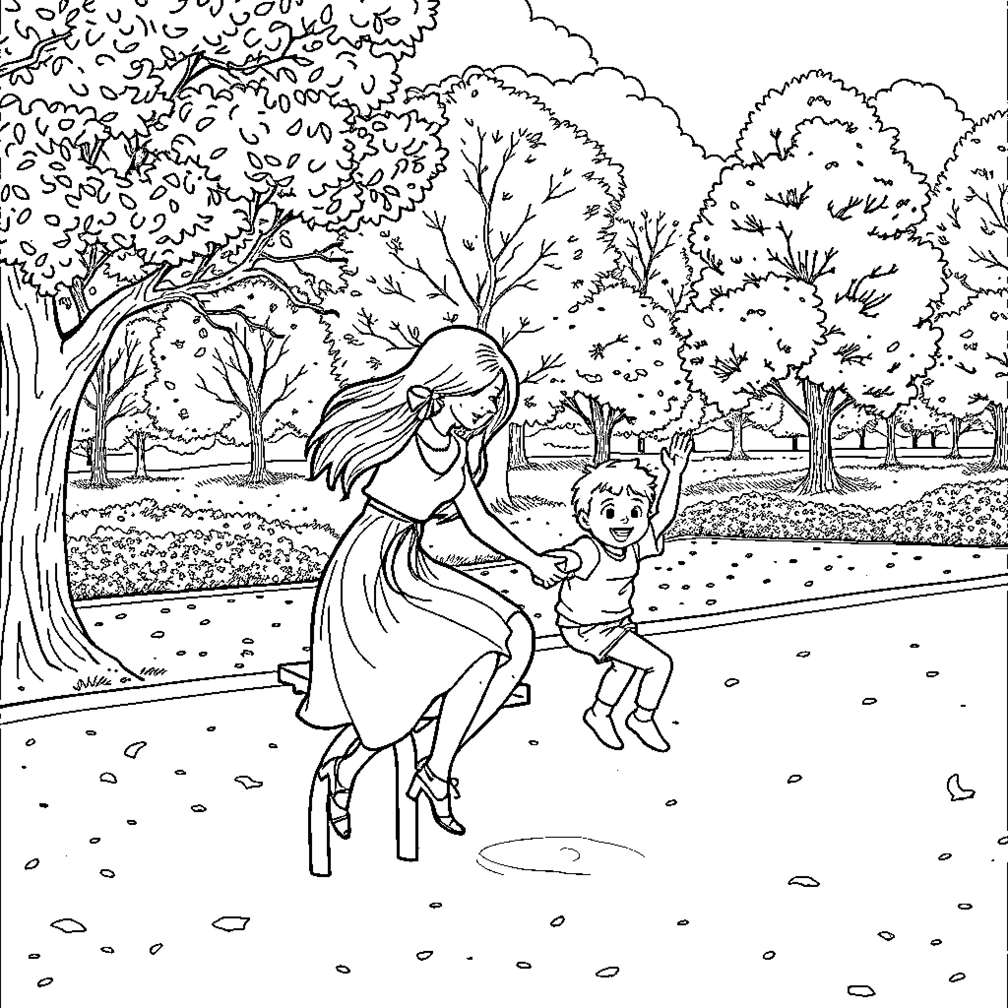 Sibling Playing Together in Autumn Park Coloring Page (free black-and-white line drawing printable PDF for all, from beginners to advanced learners, including children, teens, adults, and seniors)
