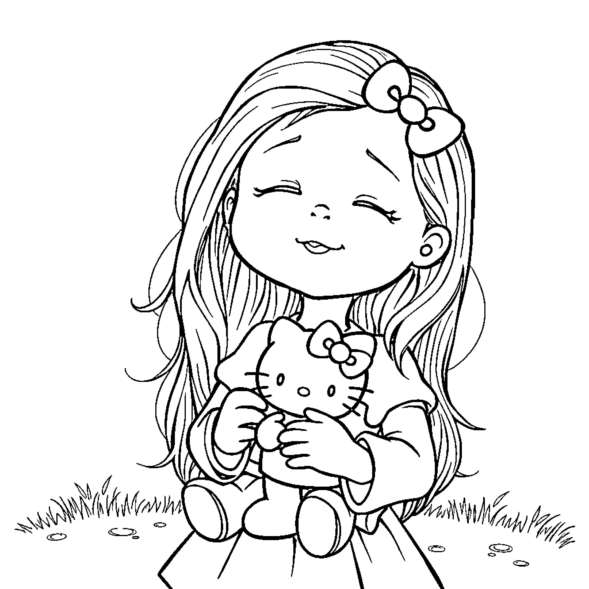 Nina playing happily with her cherished toy Coloring Page (free black-and-white line drawing printable PDF for all, from beginners to advanced learners, including children, teens, adults, and seniors)