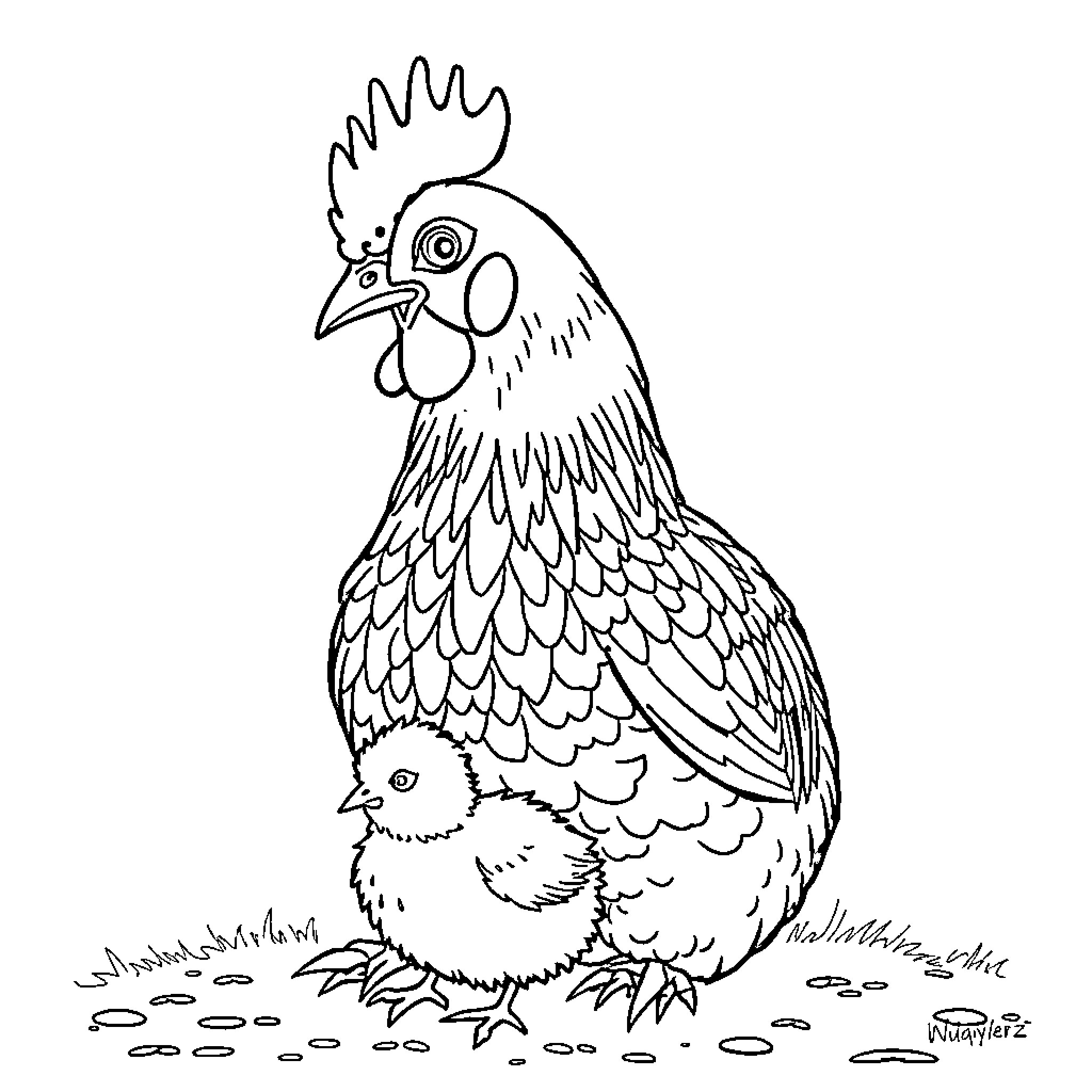 Chicken guarding its baby chick Coloring Page (free black-and-white line drawing printable PDF for all, from beginners to advanced learners, including children, teens, adults, and seniors)