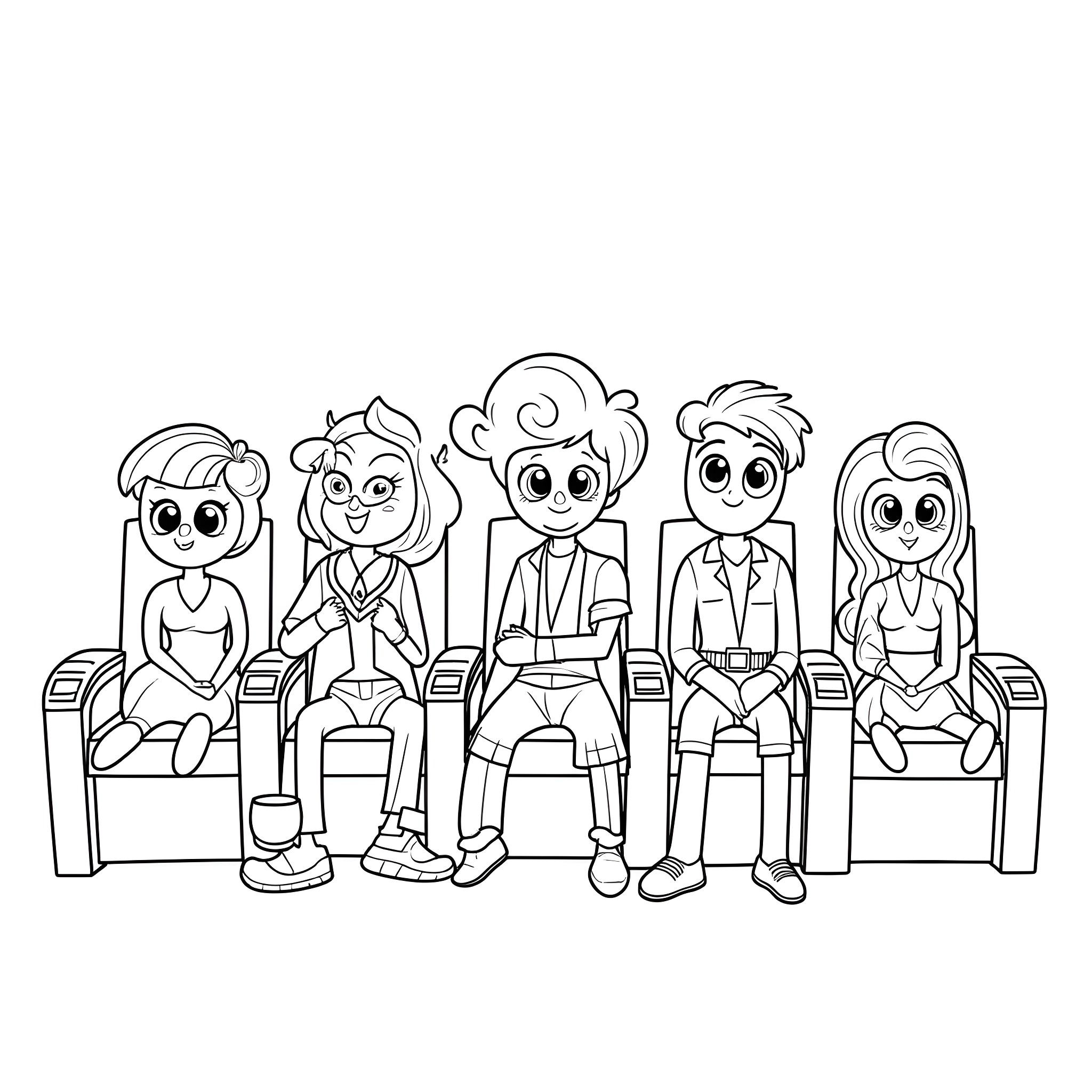 Character group sitting on benches Coloring Page (free black-and-white line drawing printable PDF for all, from beginners to advanced learners, including children, teens, adults, and seniors)