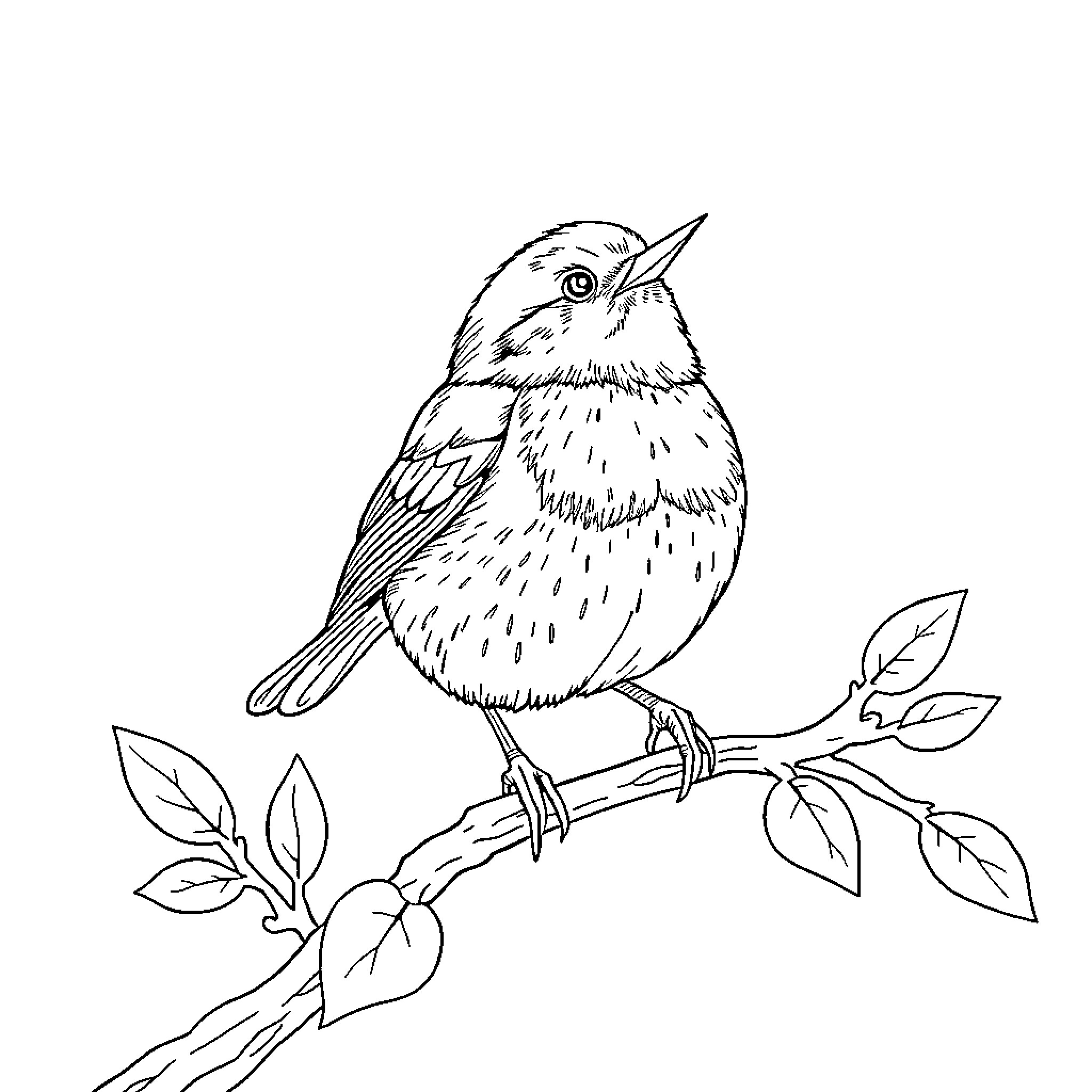Robin perched on a branch with leaves Coloring Page (free black-and-white line drawing printable PDF for all, from beginners to advanced learners, including children, teens, adults, and seniors)