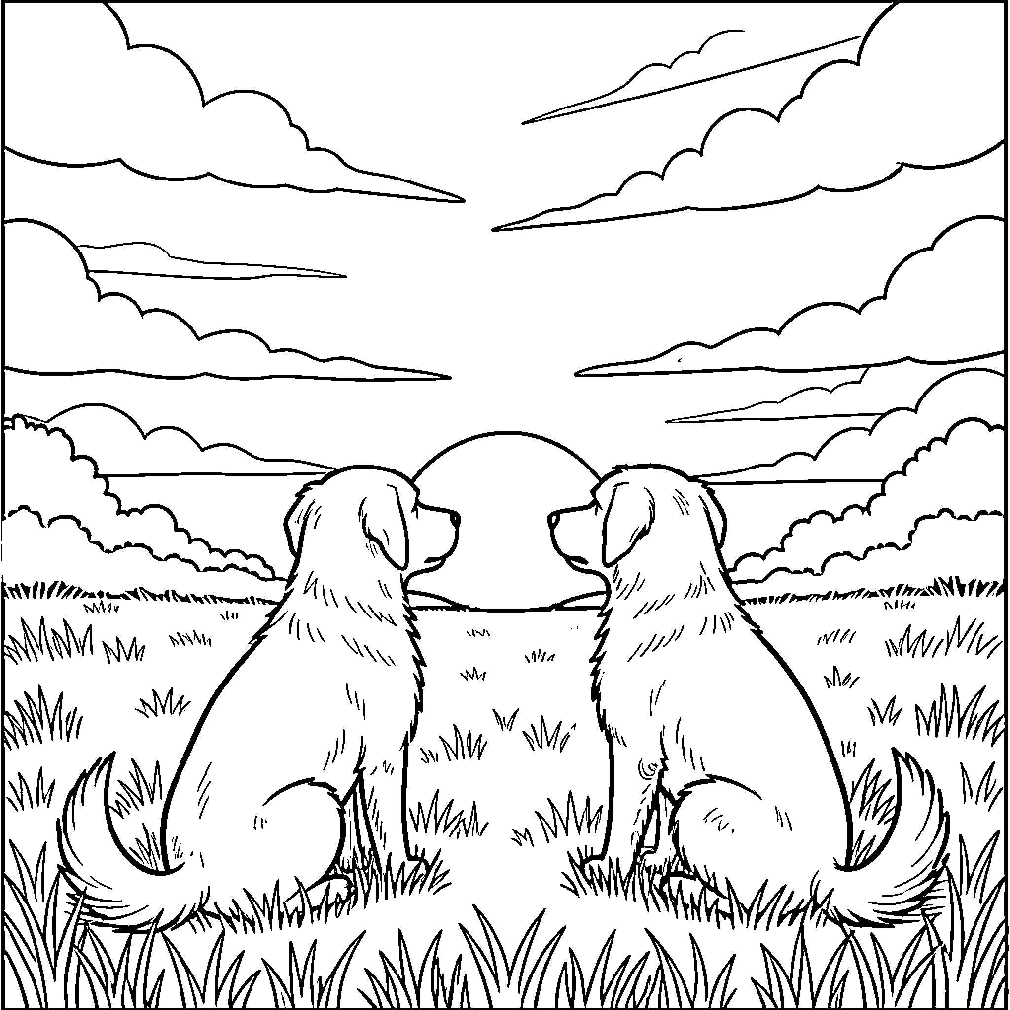 Perro companions admiring cloudy sky together Coloring Page (free black-and-white line drawing printable PDF for all, from beginners to advanced learners, including children, teens, adults, and seniors)