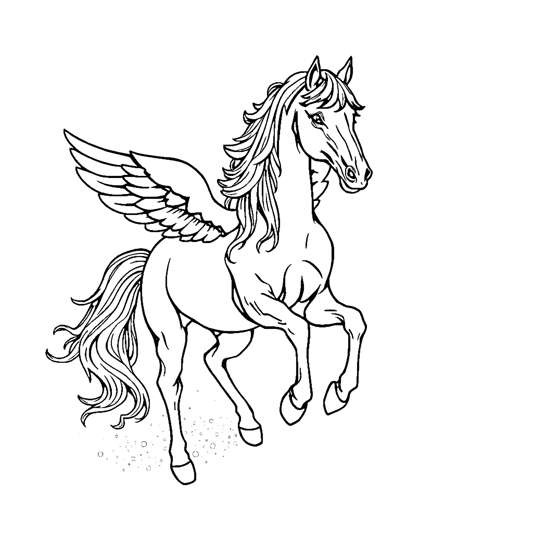 Pegasus soaring gracefully in flight Coloring Page (free black-and-white line drawing printable PDF for all, from beginners to advanced learners, including children, teens, adults, and seniors)