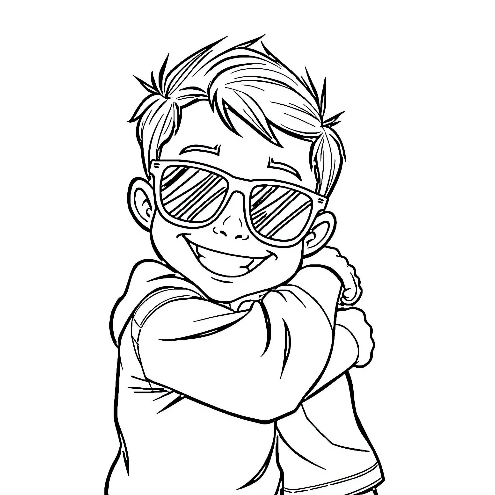Cool Kid Wearing Sunglasses and Smiling Cheerfully Coloring Page (free black-and-white line drawing printable PDF for all, from beginners to advanced learners, including children, teens, adults, and seniors)