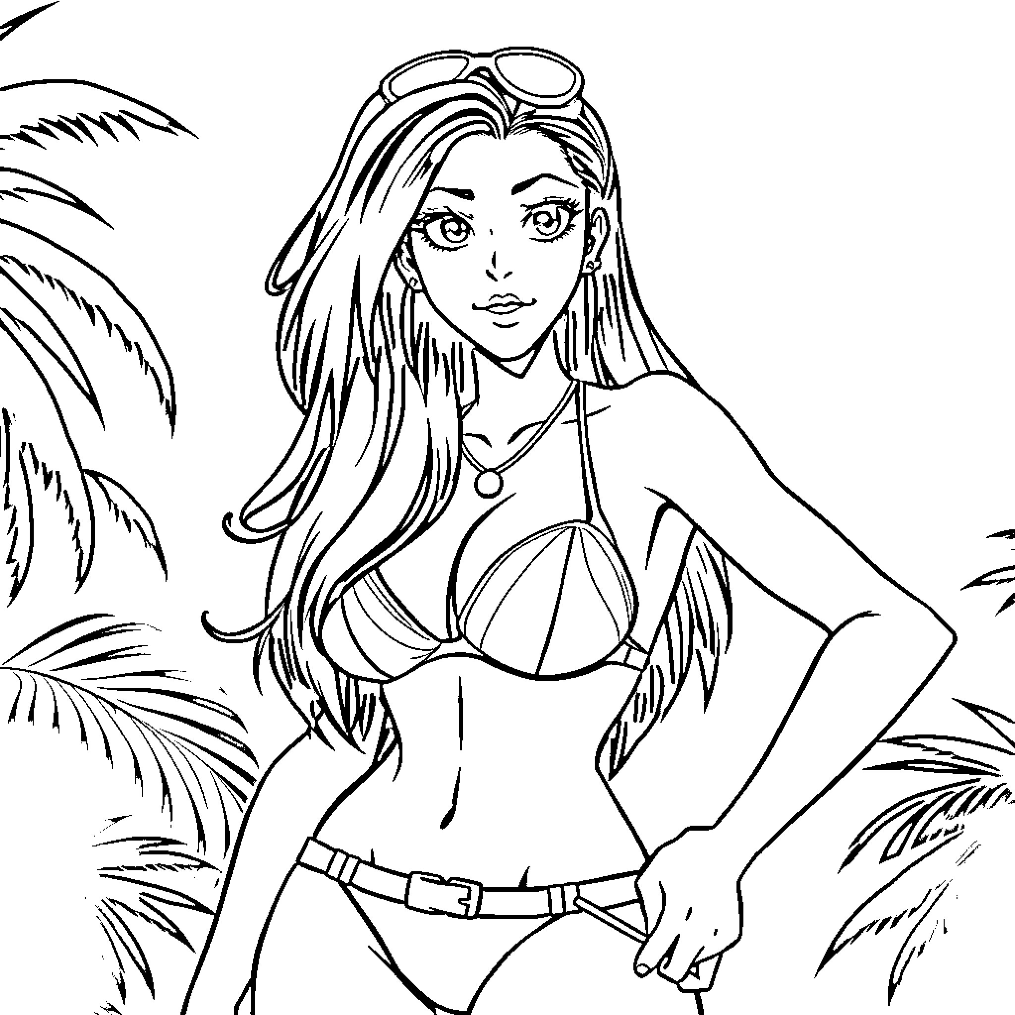 Tifa in a stylish swimsuit posing confidently Coloring Page (free black-and-white line drawing printable PDF for all, from beginners to advanced learners, including children, teens, adults, and seniors)