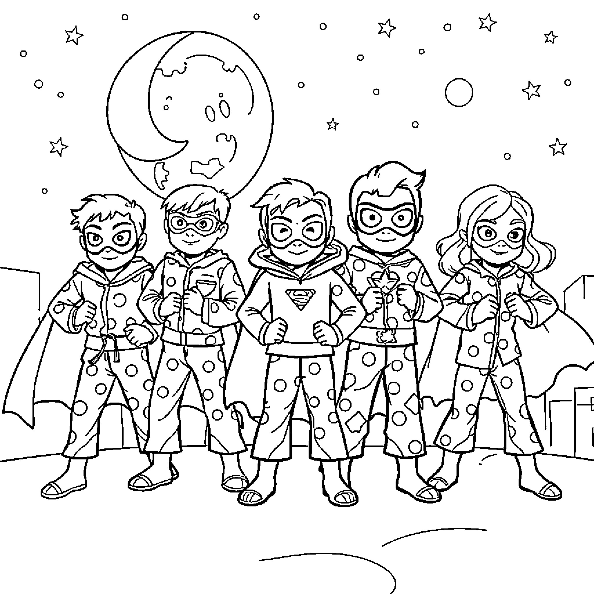 Pyjamasques characters in nighttime adventure Coloring Page (free black-and-white line drawing printable PDF for all, from beginners to advanced learners, including children, teens, adults, and seniors)