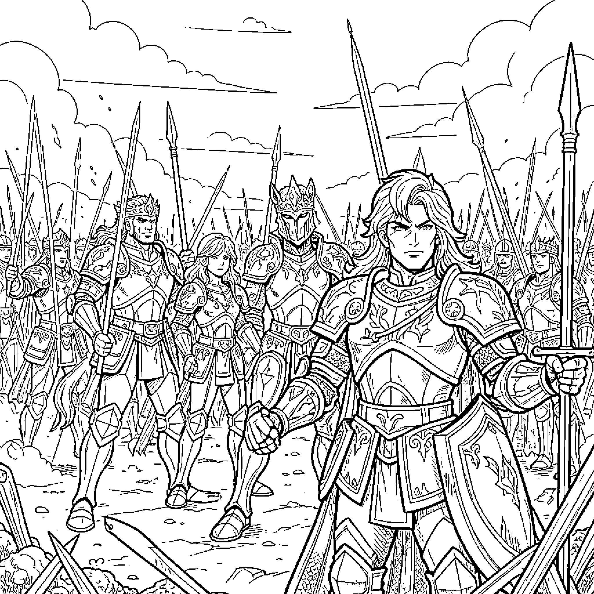 Golden Knights Heroic Battle on the Battlefield Coloring Page (free black-and-white line drawing printable PDF for all, from beginners to advanced learners, including children, teens, adults, and seniors)