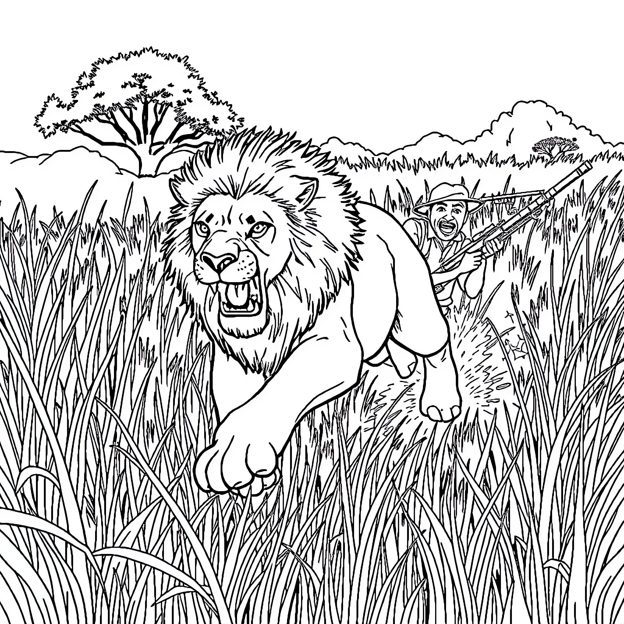 Lion hunting in the tall grass Coloring Page (free black-and-white line drawing printable PDF for all, from beginners to advanced learners, including children, teens, adults, and seniors)